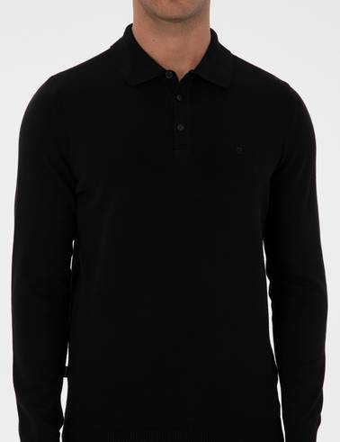 Siyah Slim Fit Polo Yaka Basic Triko Kazak