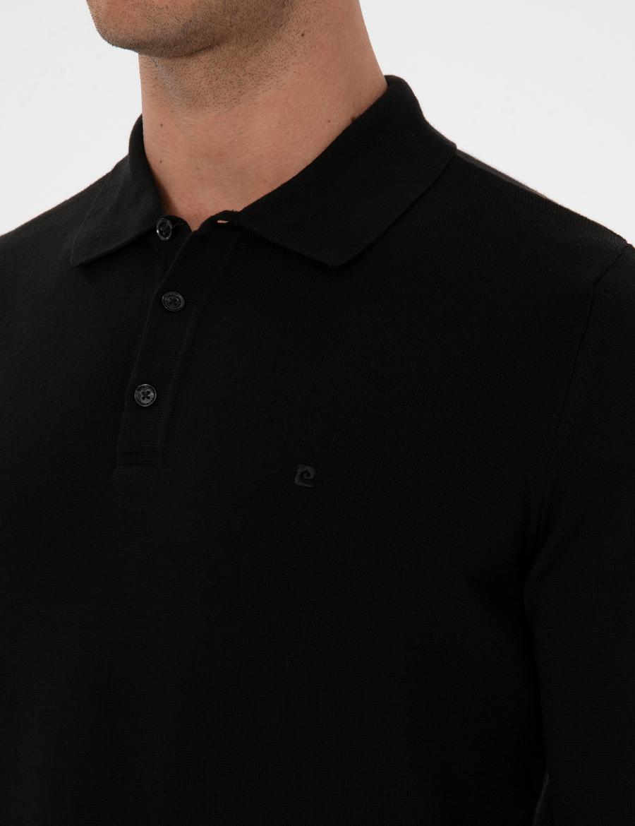 Siyah Slim Fit Polo Yaka Basic Triko Kazak