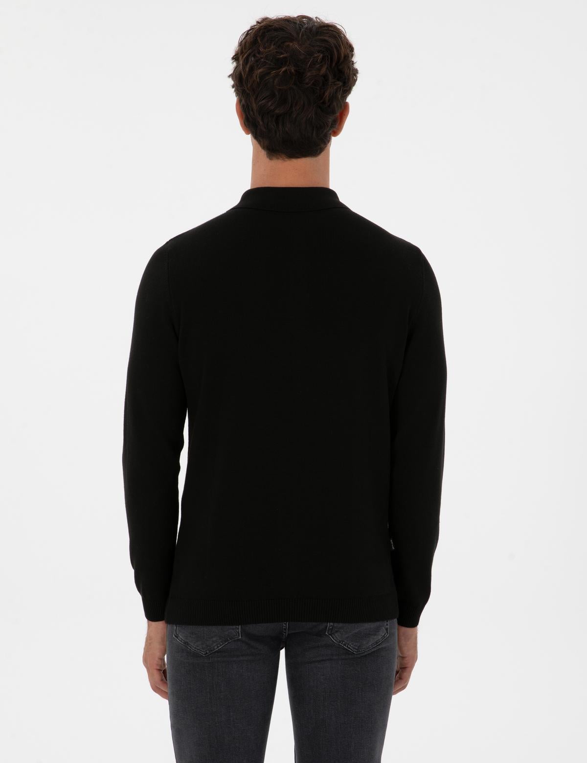 Siyah Slim Fit Polo Yaka Basic Triko Kazak - 50315405019