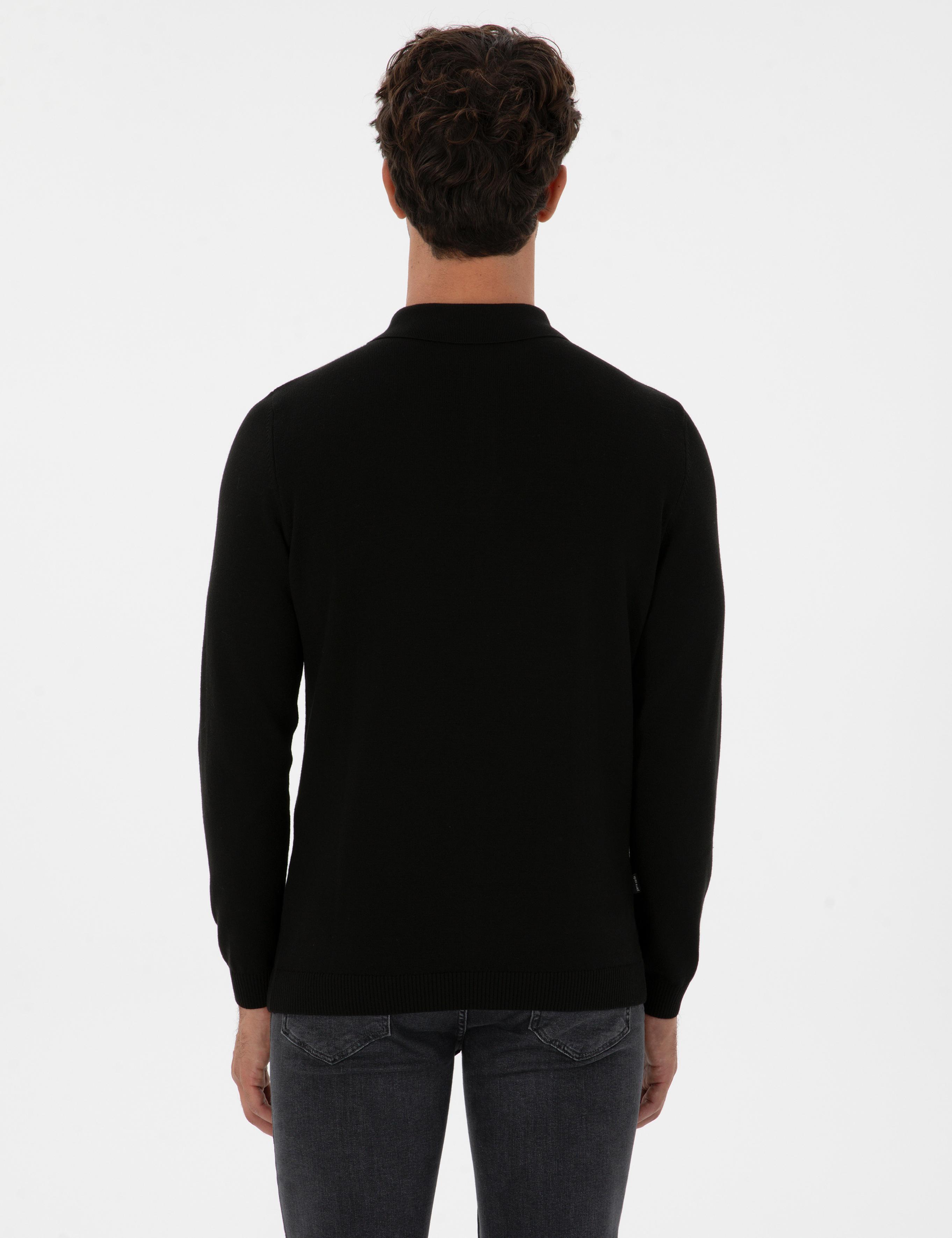 Siyah Slim Fit Polo Yaka Basic Triko Kazak