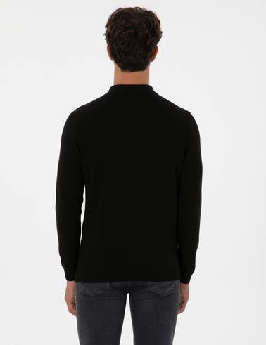 Siyah Slim Fit Polo Yaka Basic Triko Kazak