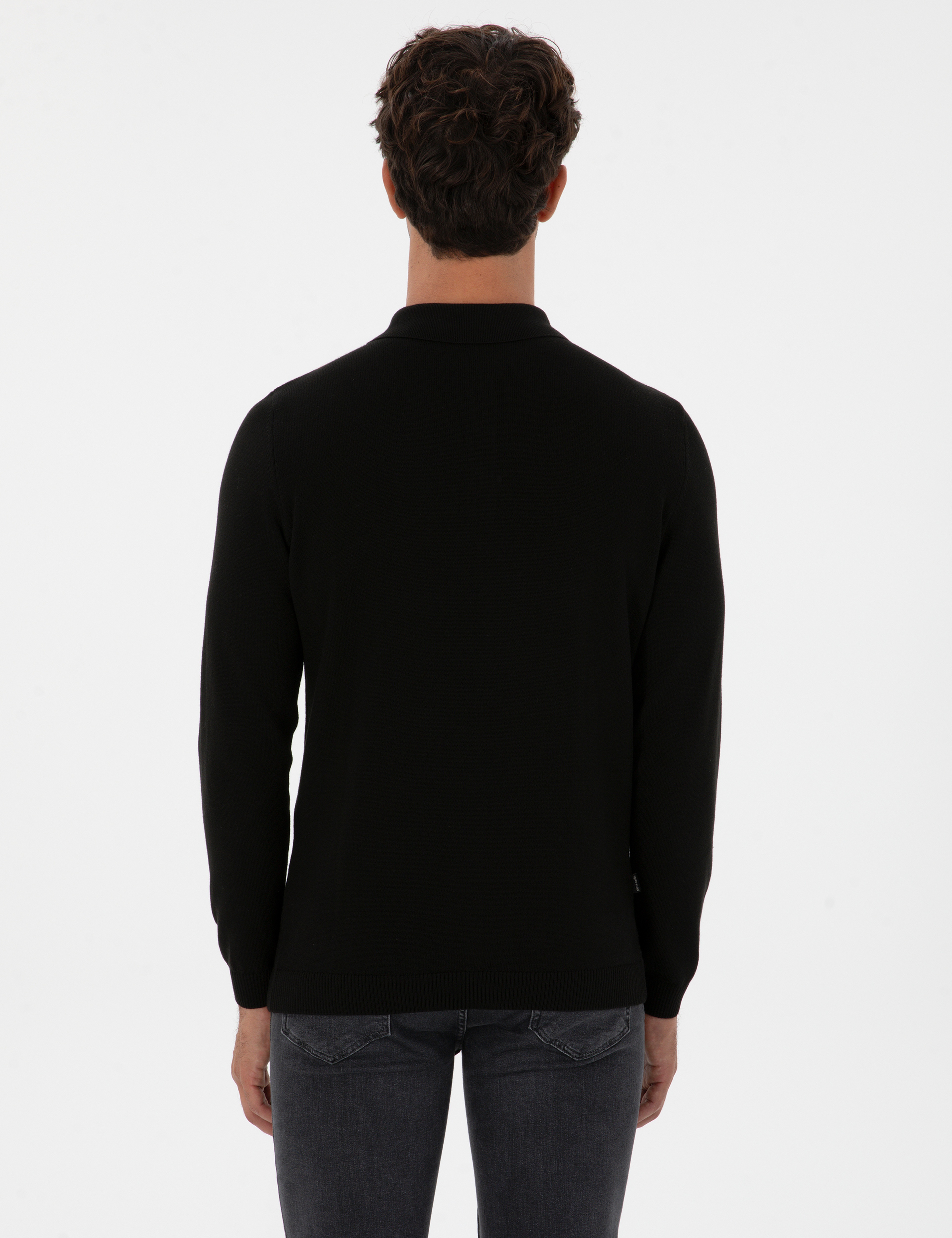 Siyah Slim Fit Polo Yaka Basic Triko Kazak - Image 5