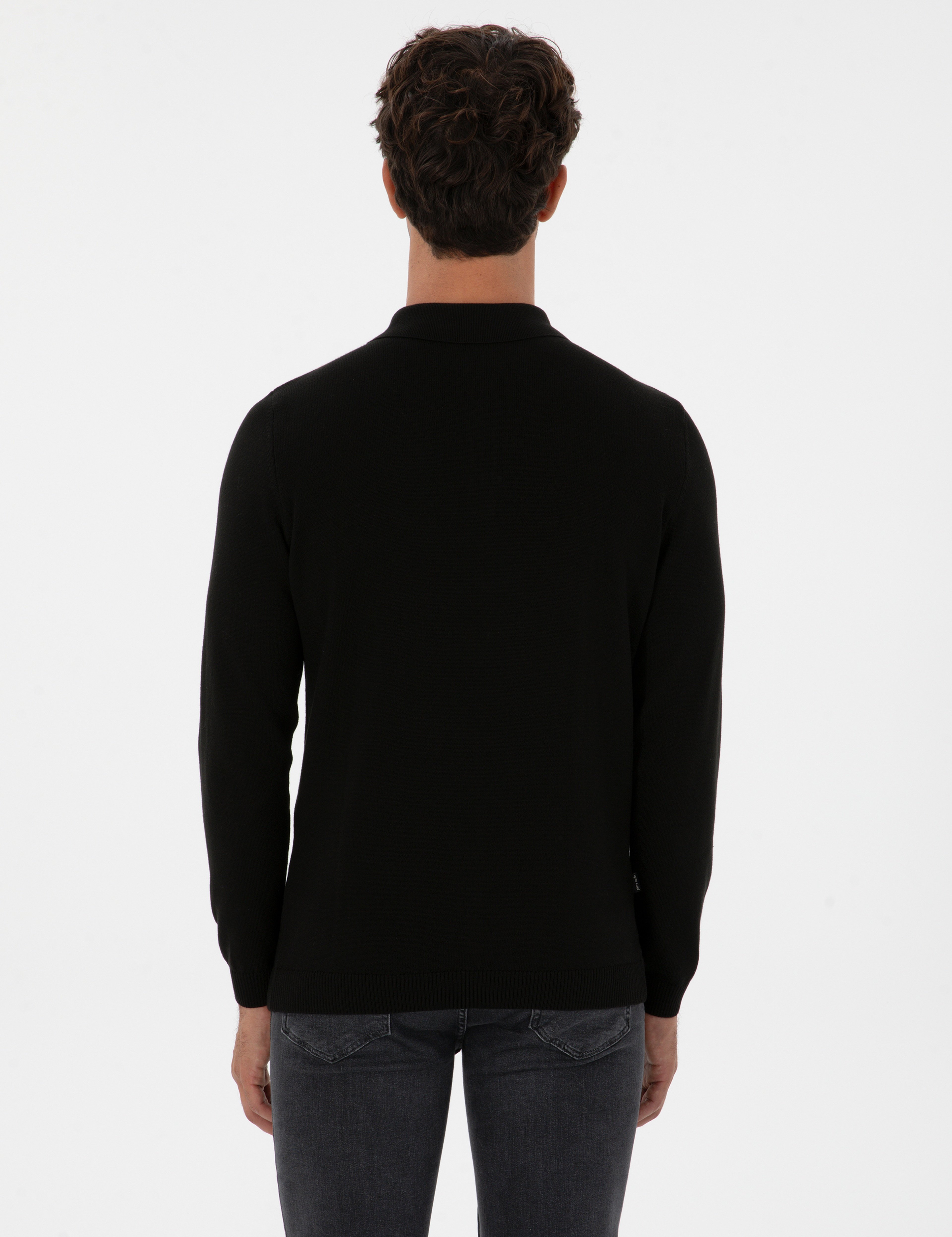 Siyah Slim Fit Polo Yaka Basic Triko Kazak
