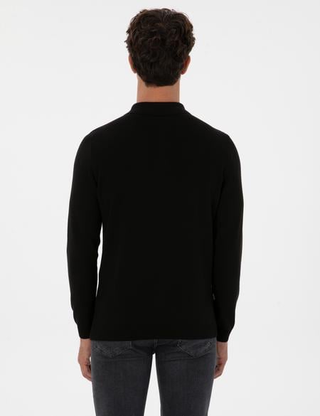 Siyah Slim Fit Polo Yaka Basic Triko Kazak - 50315405019