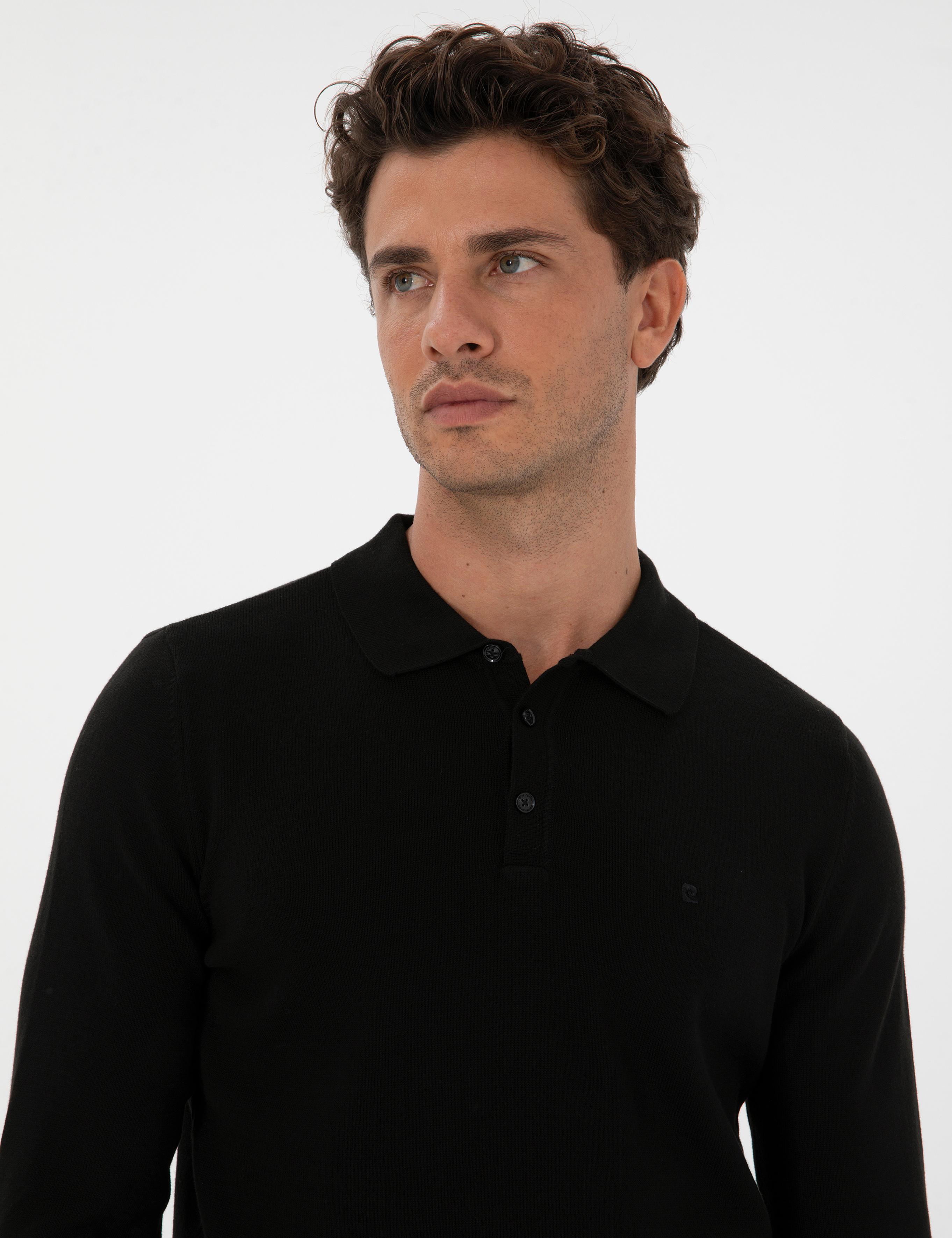 Siyah Slim Fit Polo Yaka Basic Triko Kazak