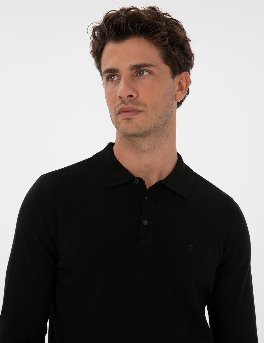 Siyah Slim Fit Polo Yaka Basic Triko Kazak