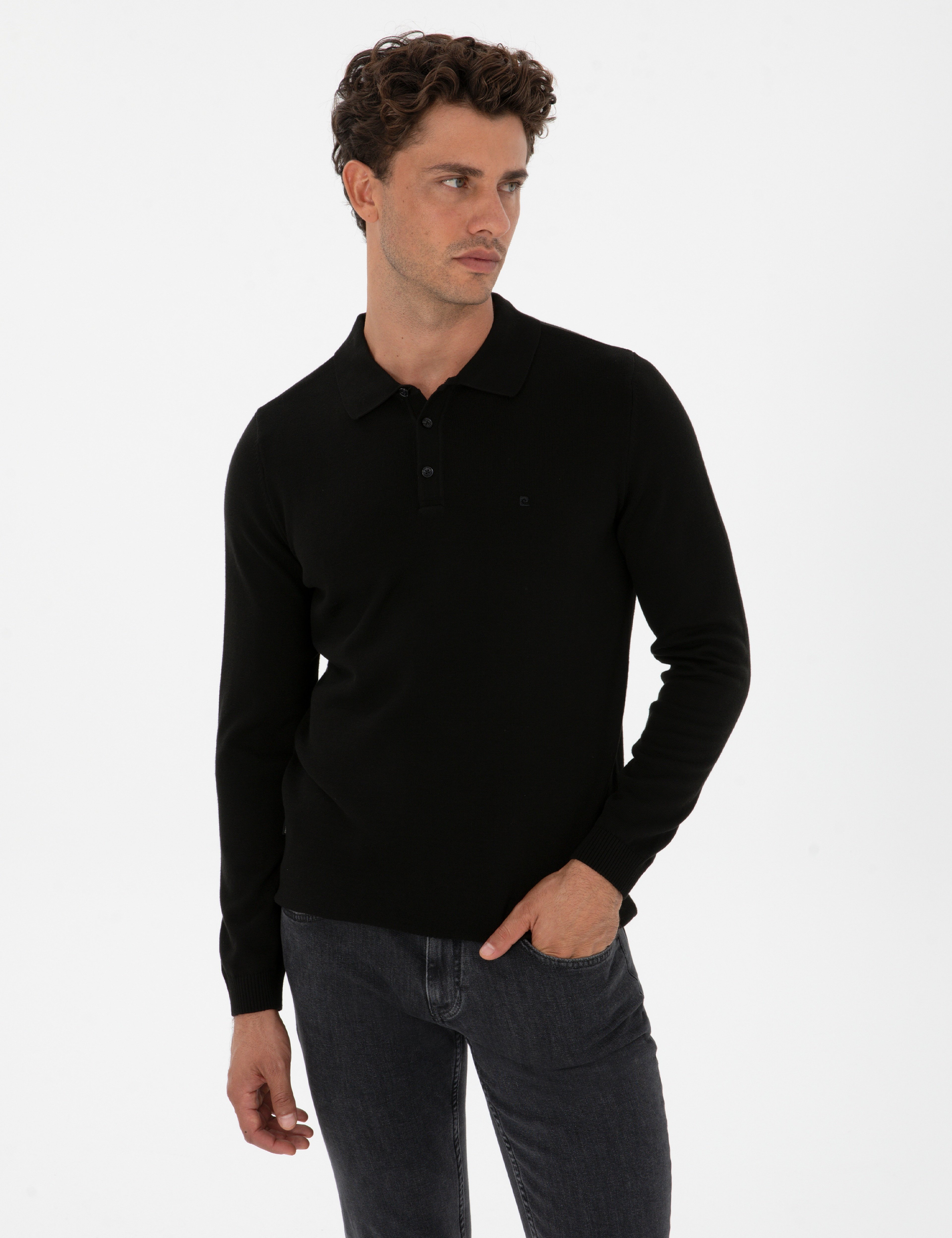 Siyah Slim Fit Polo Yaka Basic Triko Kazak - Image 3