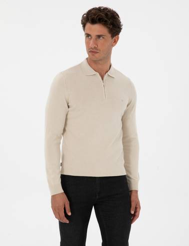 Krem Melanj Slim Fit Polo Yaka Fermuarlı Basic Triko Kazak