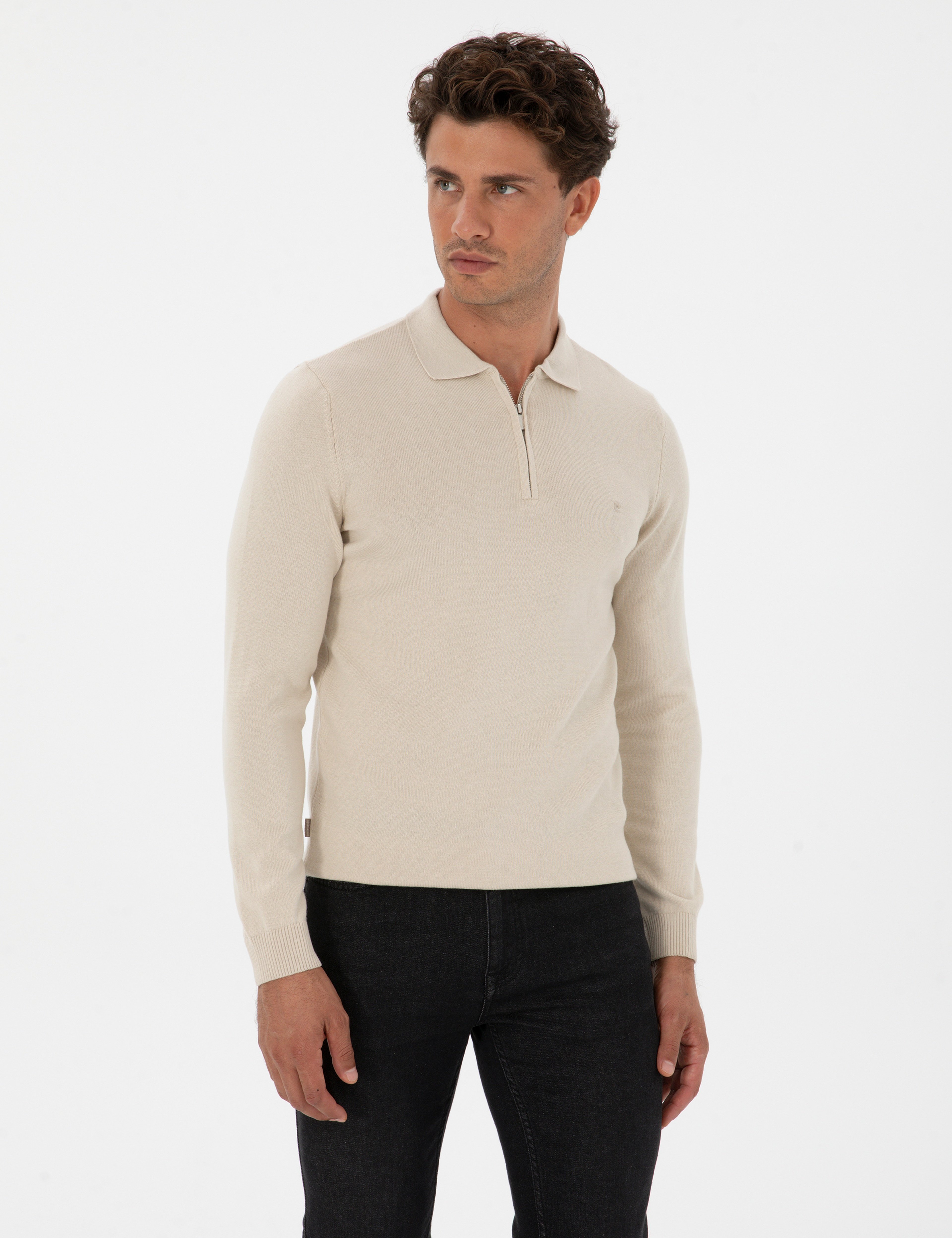 Krem Melanj Slim Fit Polo Yaka Fermuarlı Basic Triko Kazak - Image 1
