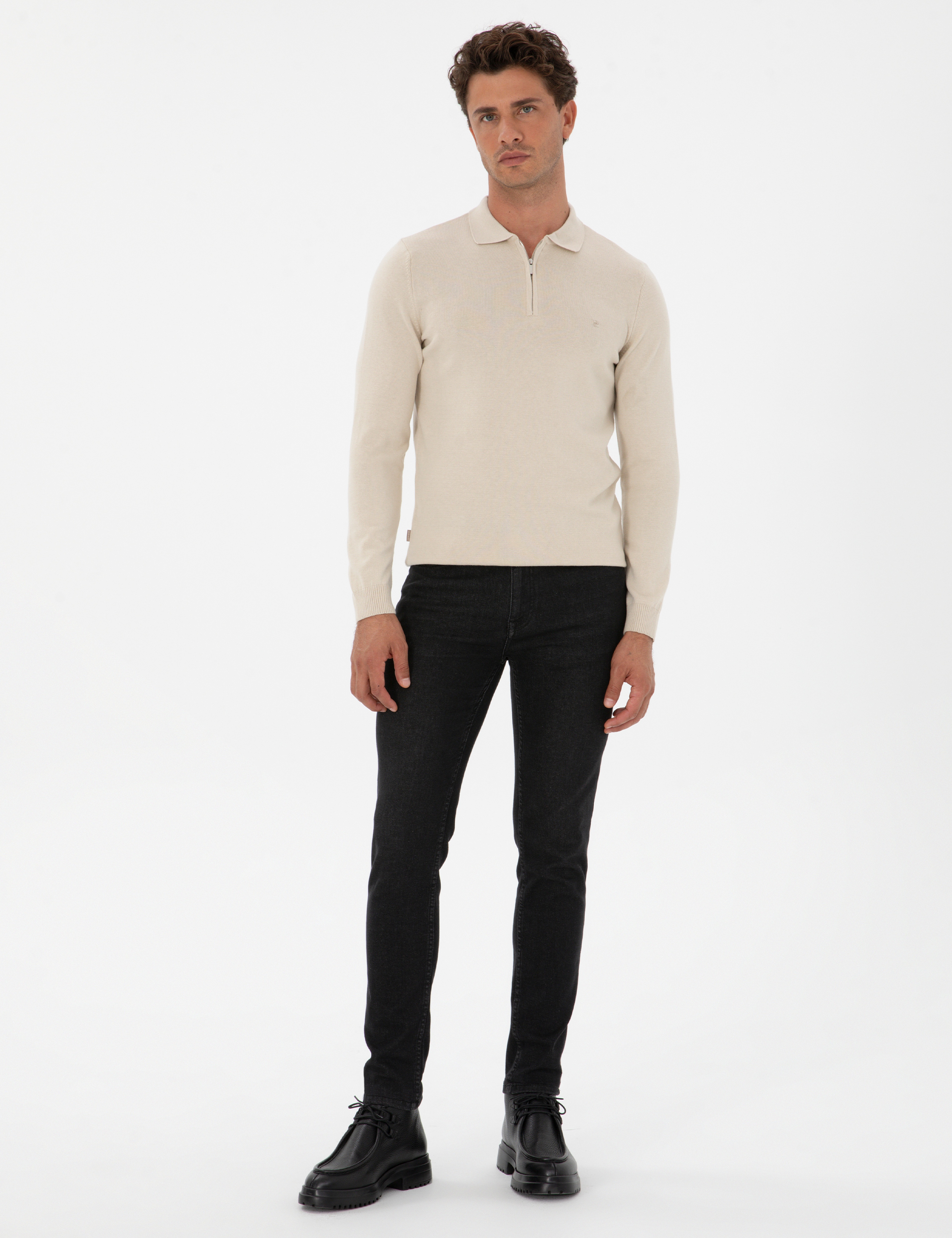 Krem Melanj Slim Fit Polo Yaka Fermuarlı Basic Triko Kazak