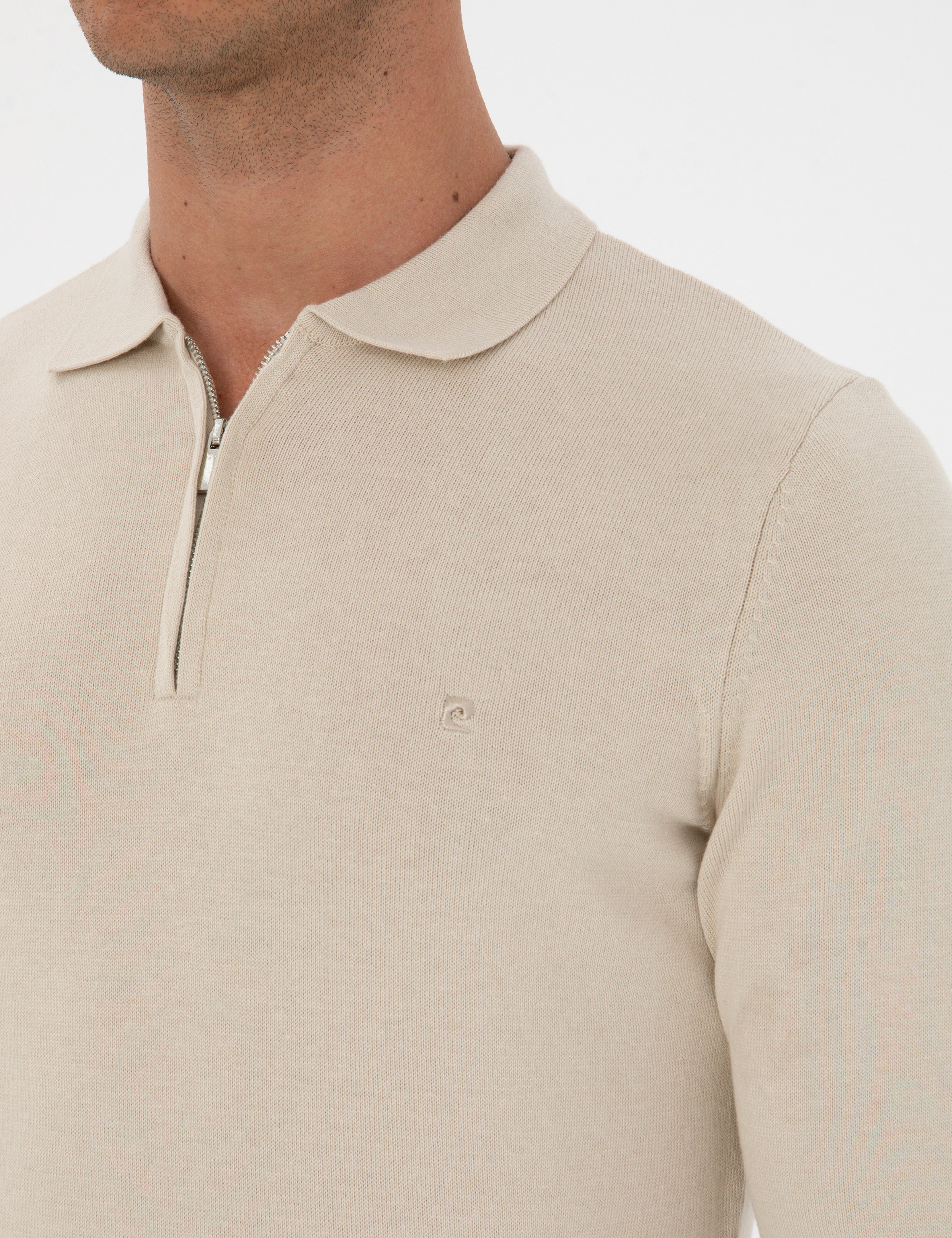 Krem Melanj Slim Fit Polo Yaka Fermuarlı Basic Triko Kazak