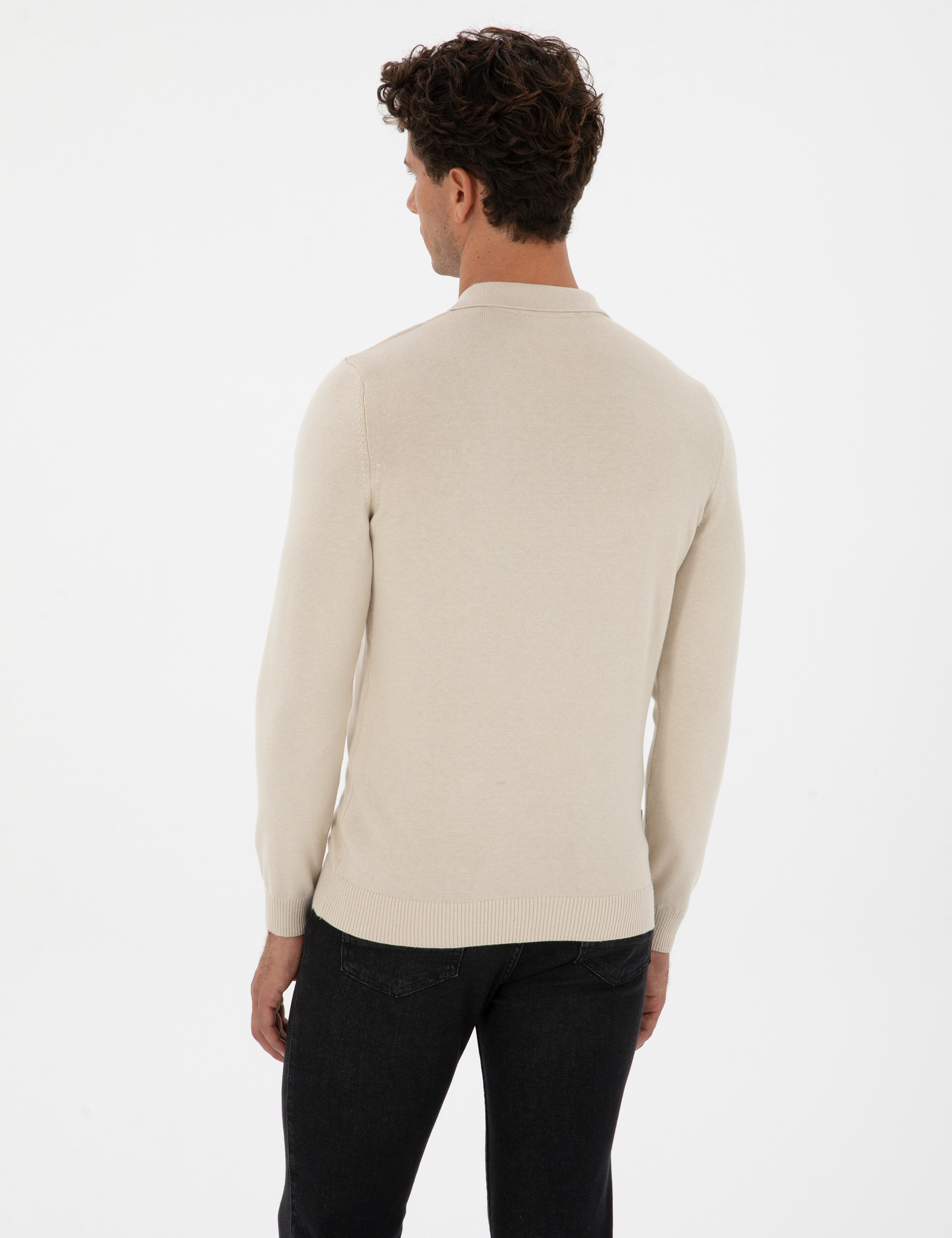 Krem Melanj Slim Fit Polo Yaka Fermuarlı Basic Triko Kazak