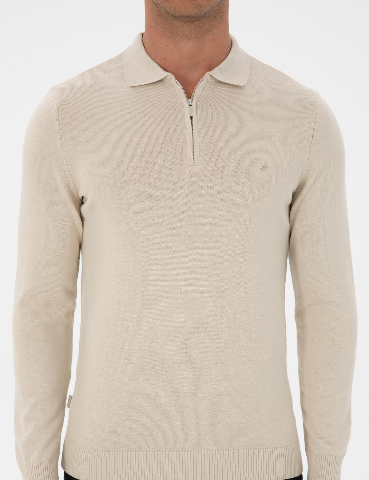 Krem Melanj Slim Fit Polo Yaka Fermuarlı Basic Triko Kazak - 50315406046