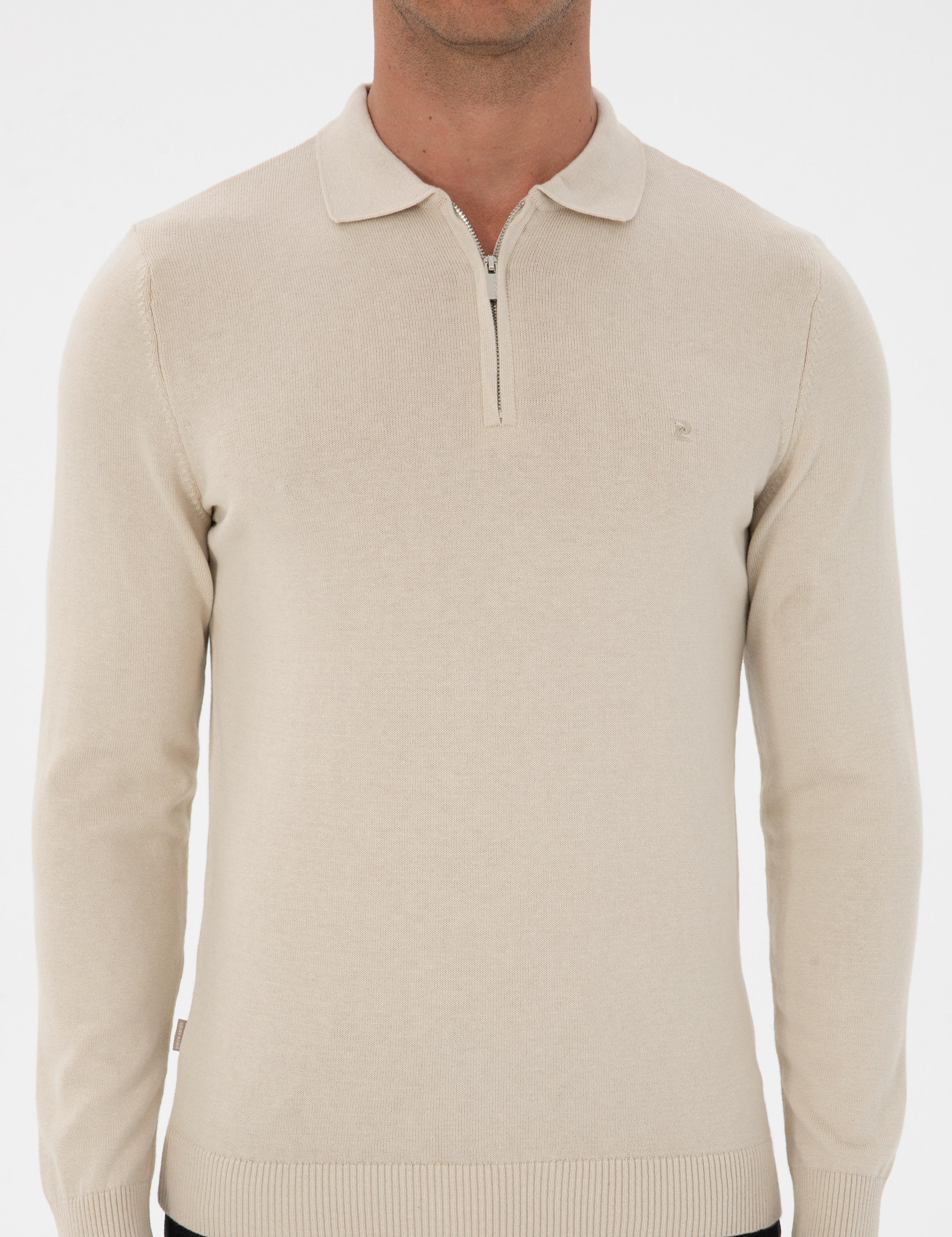 Krem Melanj Slim Fit Polo Yaka Fermuarlı Basic Triko Kazak