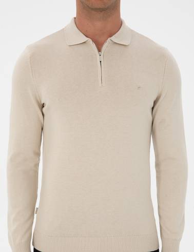 Krem Melanj Slim Fit Polo Yaka Fermuarlı Basic Triko Kazak
