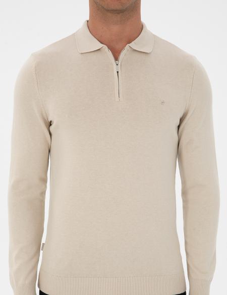 Krem Melanj Slim Fit Polo Yaka Fermuarlı Basic Triko Kazak - 50315406046