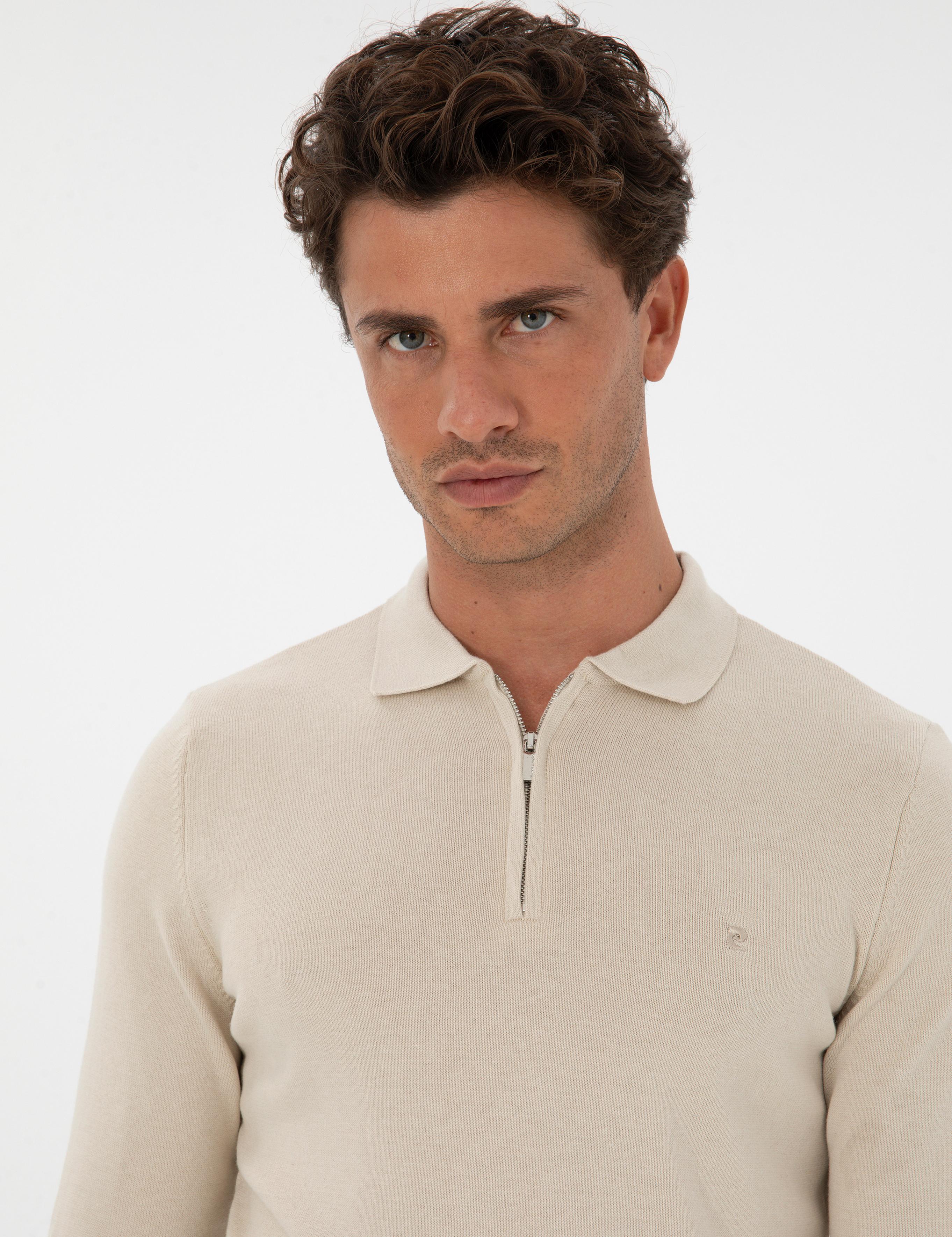 Krem Melanj Slim Fit Polo Yaka Fermuarlı Basic Triko Kazak