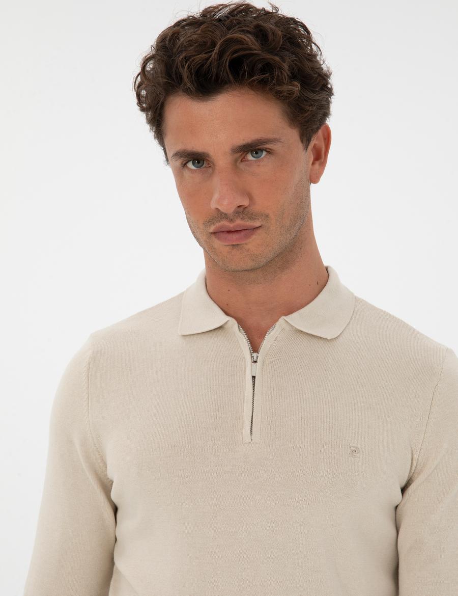 Krem Melanj Slim Fit Polo Yaka Fermuarlı Basic Triko Kazak