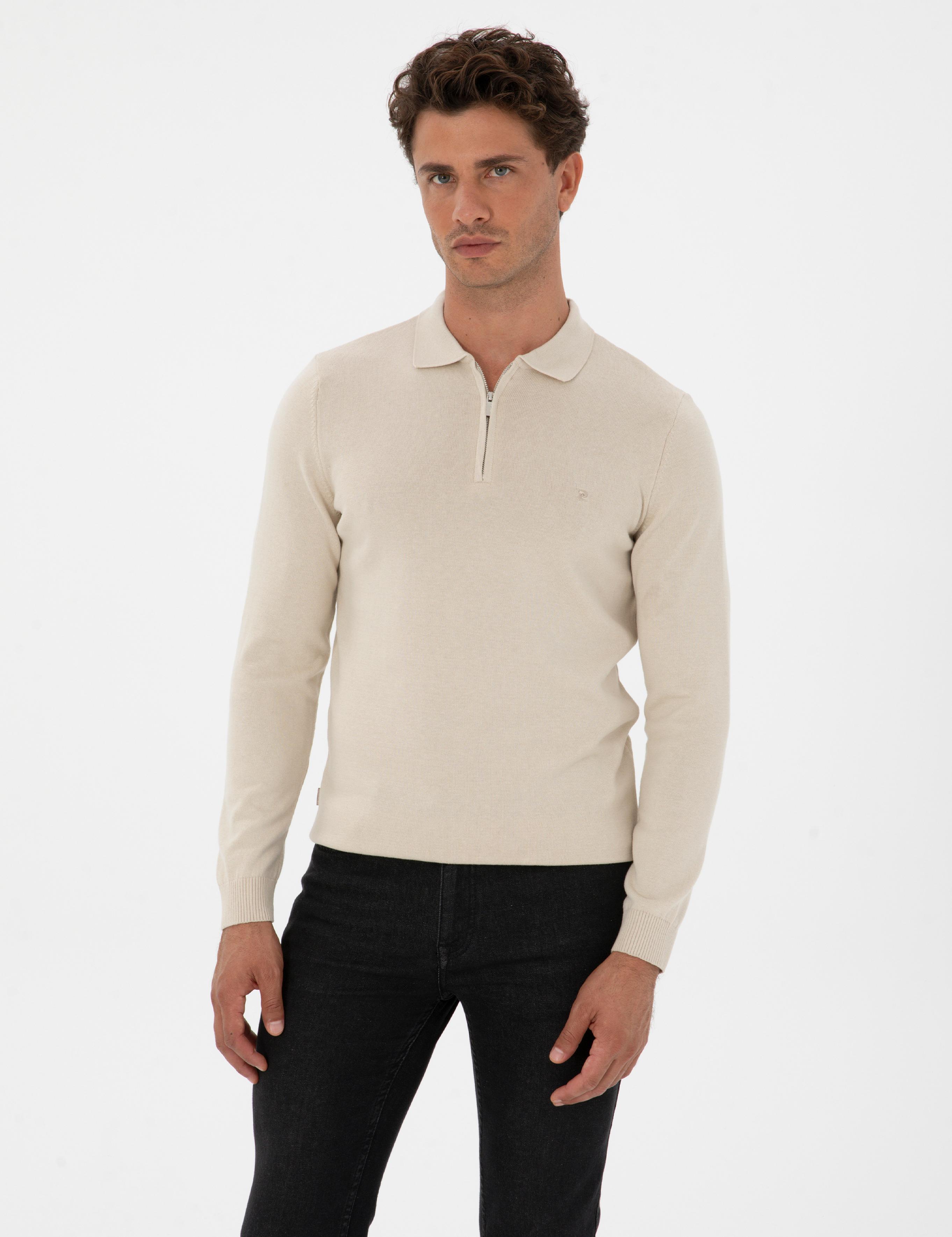 Krem Melanj Slim Fit Polo Yaka Fermuarlı Basic Triko Kazak