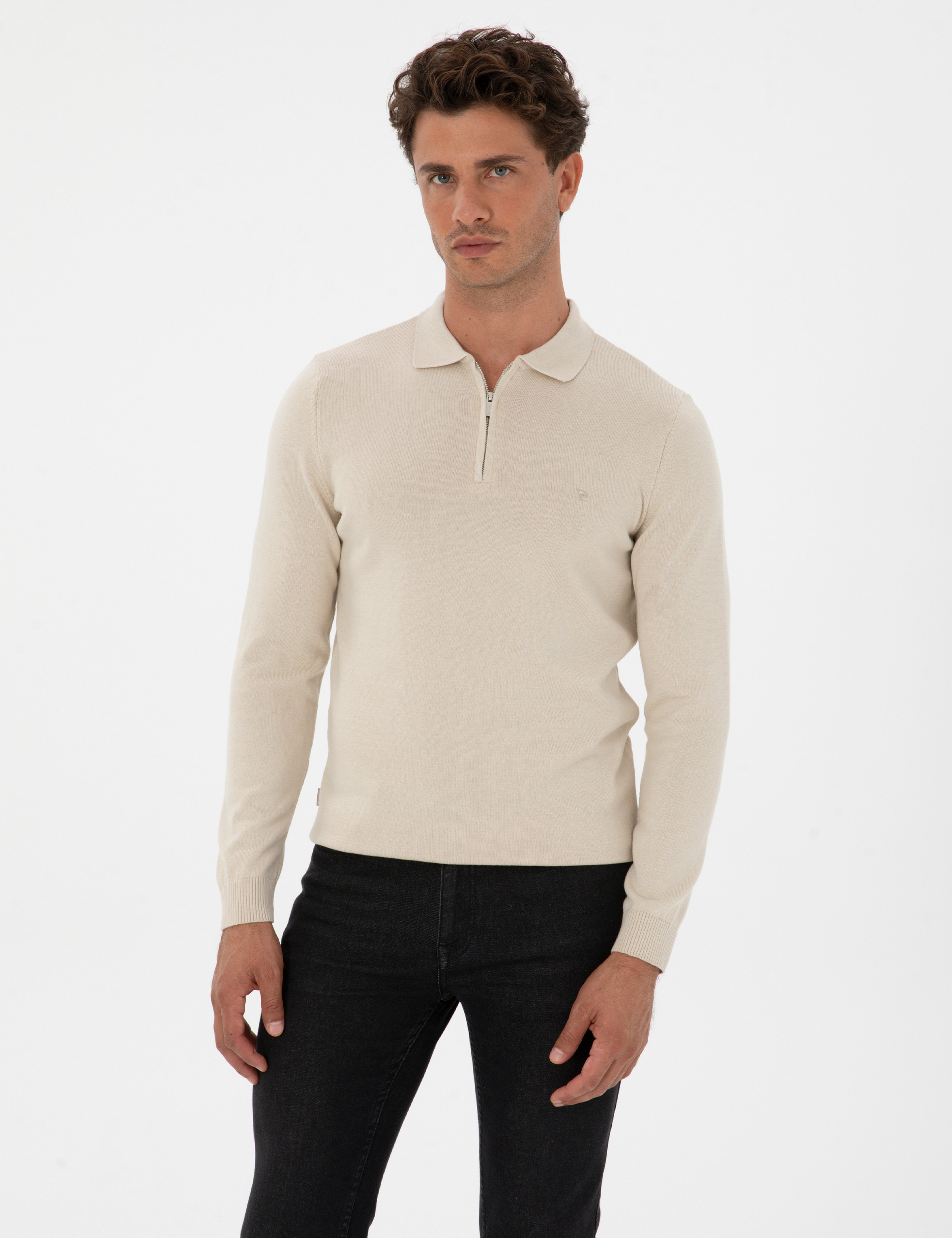 Krem Melanj Slim Fit Polo Yaka Fermuarlı Basic Triko Kazak - Image 3
