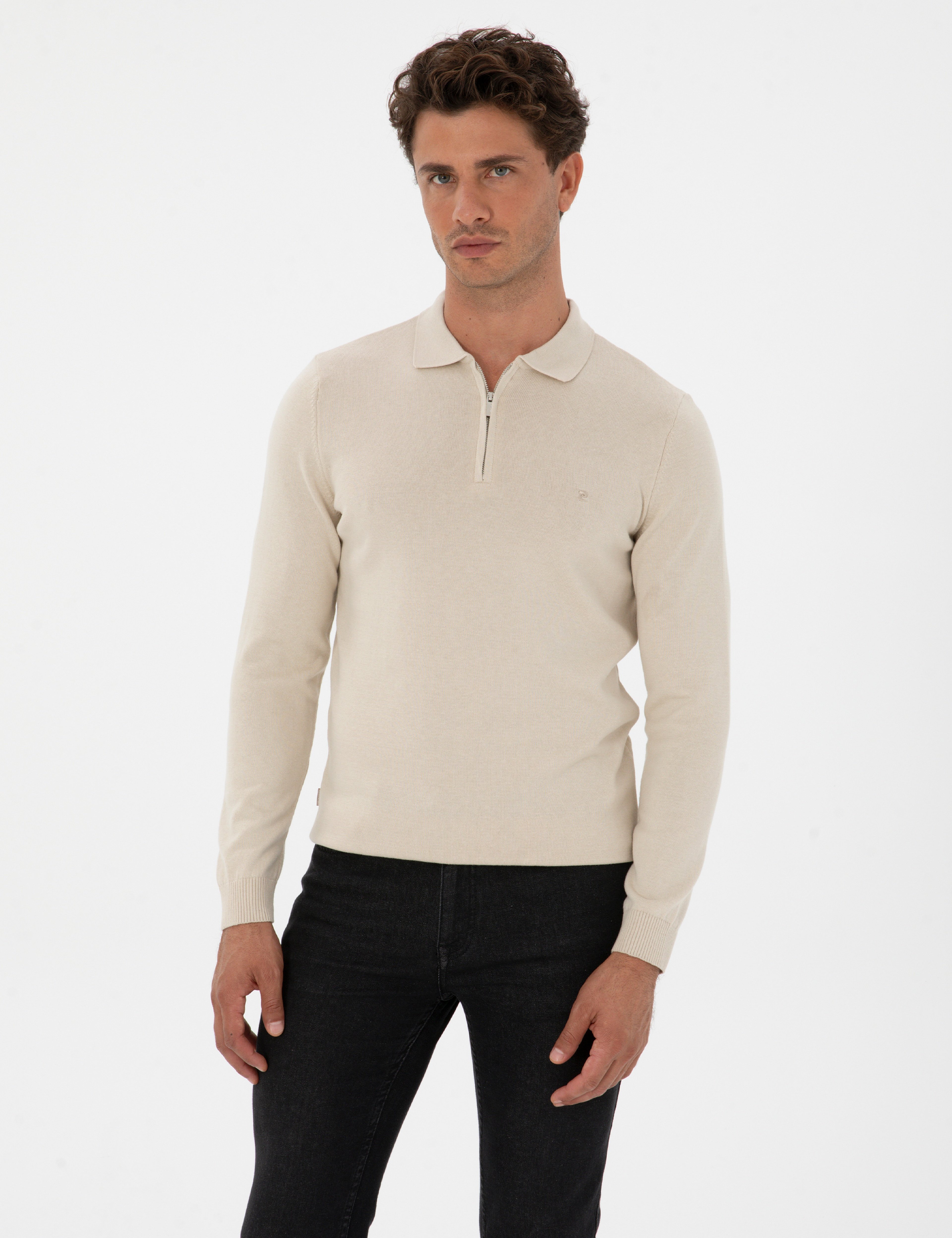Krem Melanj Slim Fit Polo Yaka Fermuarlı Basic Triko Kazak