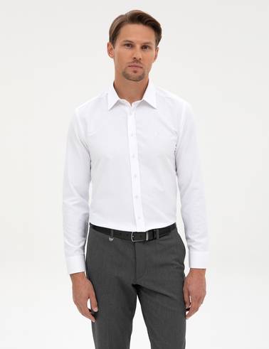 Beyaz Slim Fit Çizgi Dokulu Uzun Kollu Gömlek