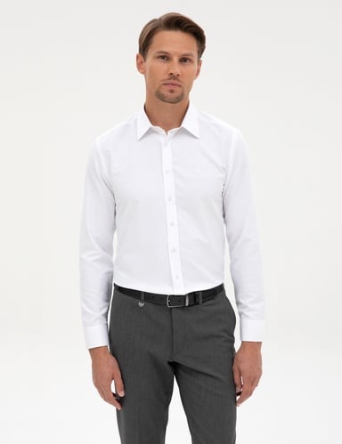 Beyaz Slim Fit Çizgi Dokulu Uzun Kollu Gömlek