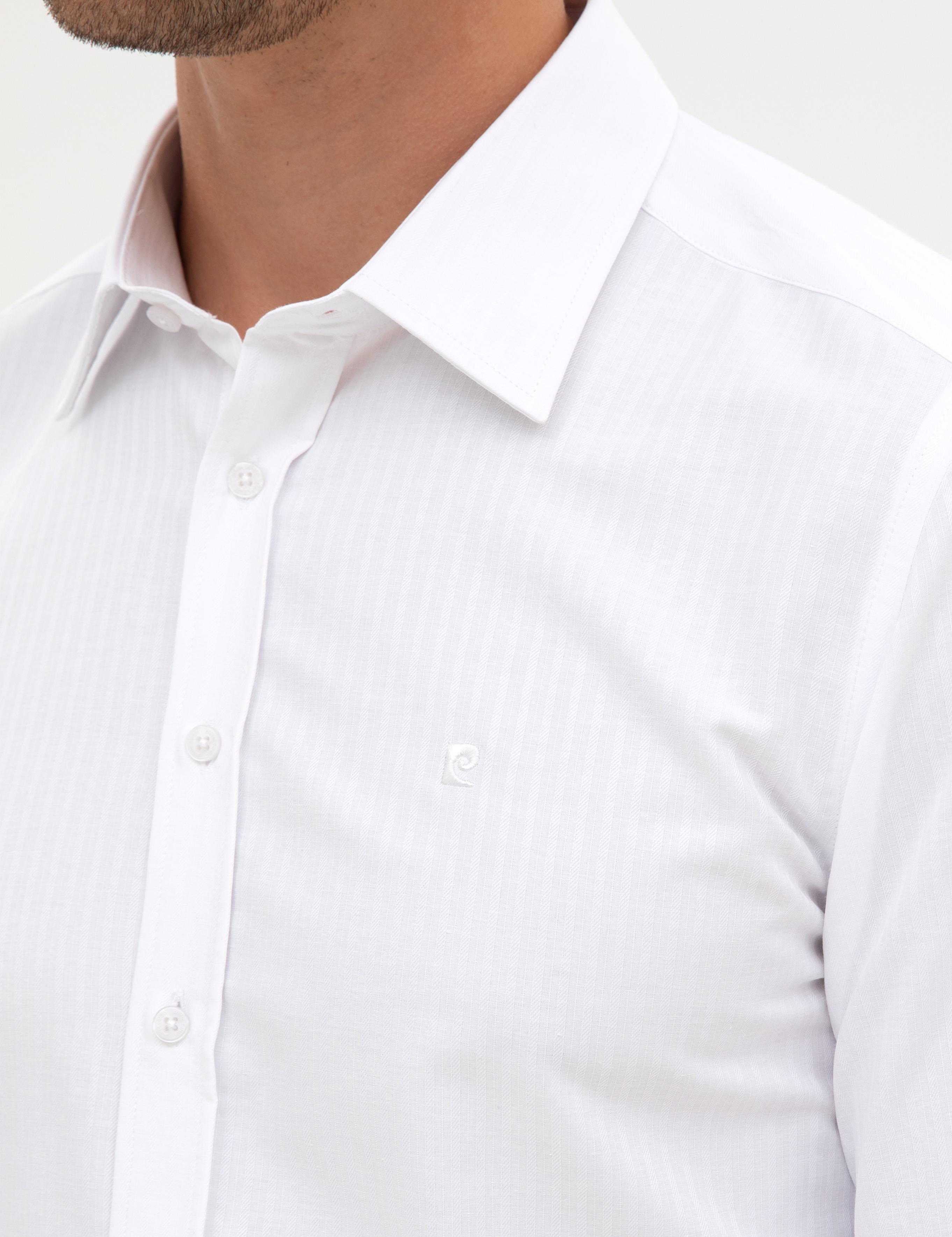 Beyaz Slim Fit Çizgi Dokulu Uzun Kollu Gömlek