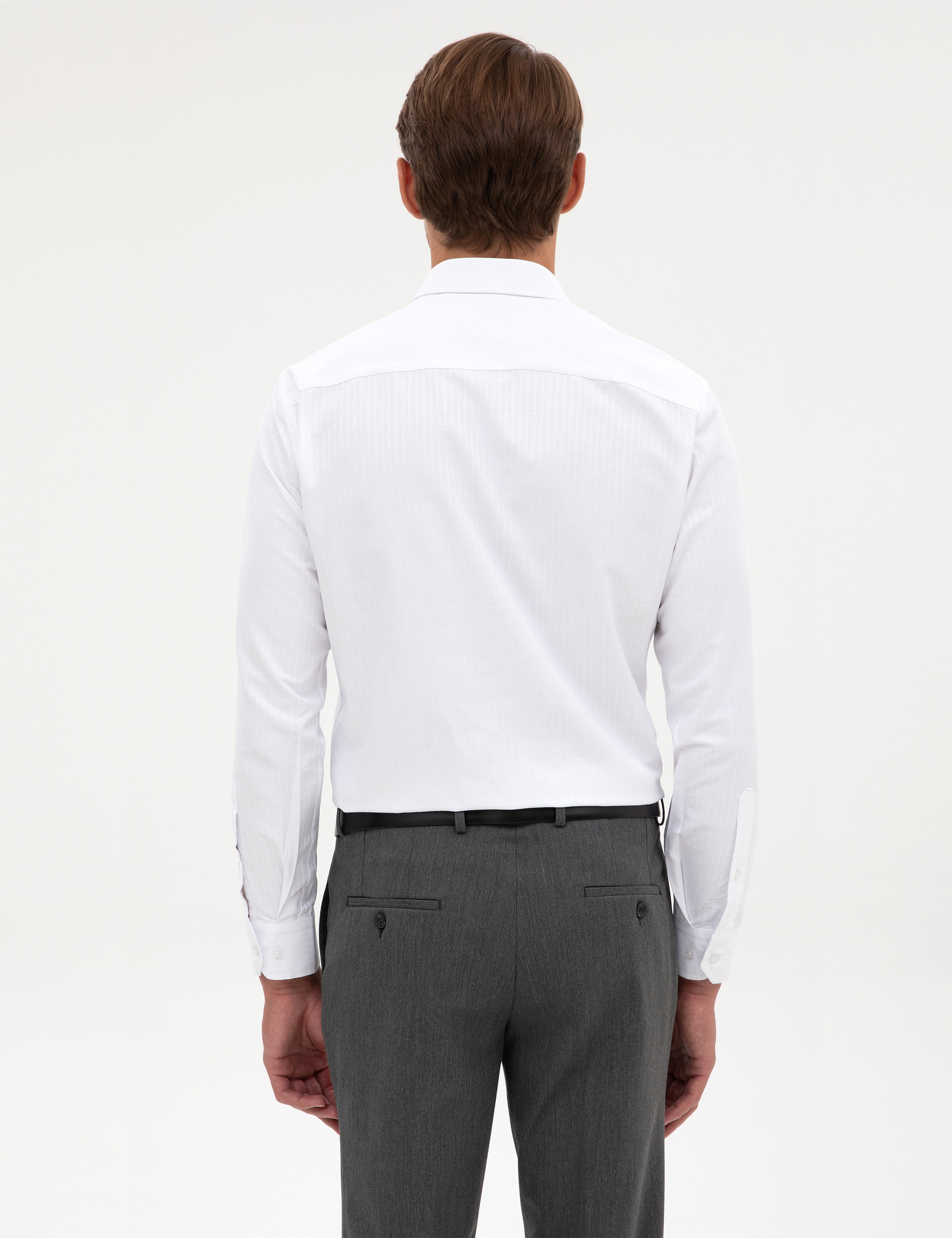 Beyaz Slim Fit Çizgi Dokulu Uzun Kollu Gömlek - Image 5