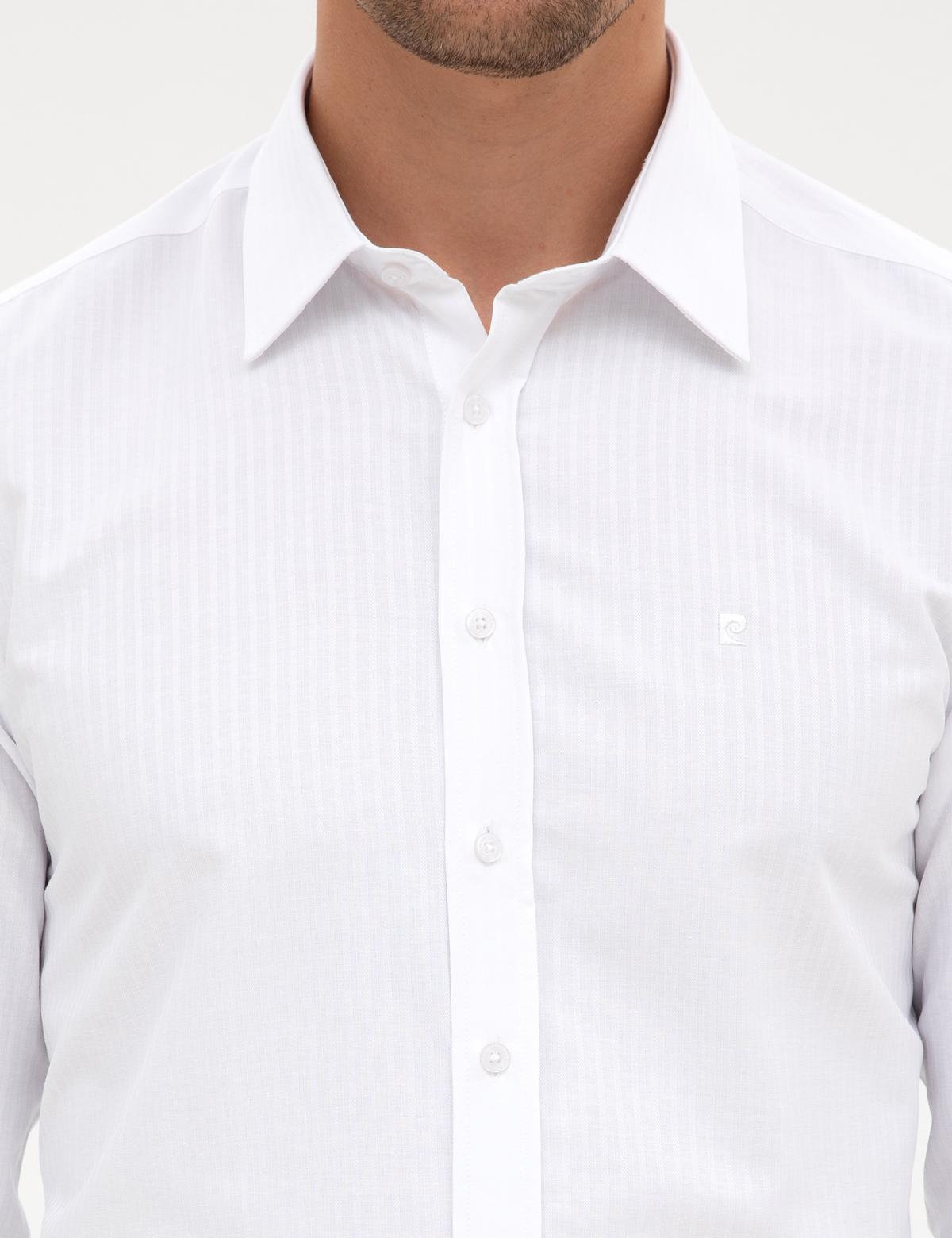 Beyaz Slim Fit Çizgi Dokulu Uzun Kollu Gömlek - 50312340007