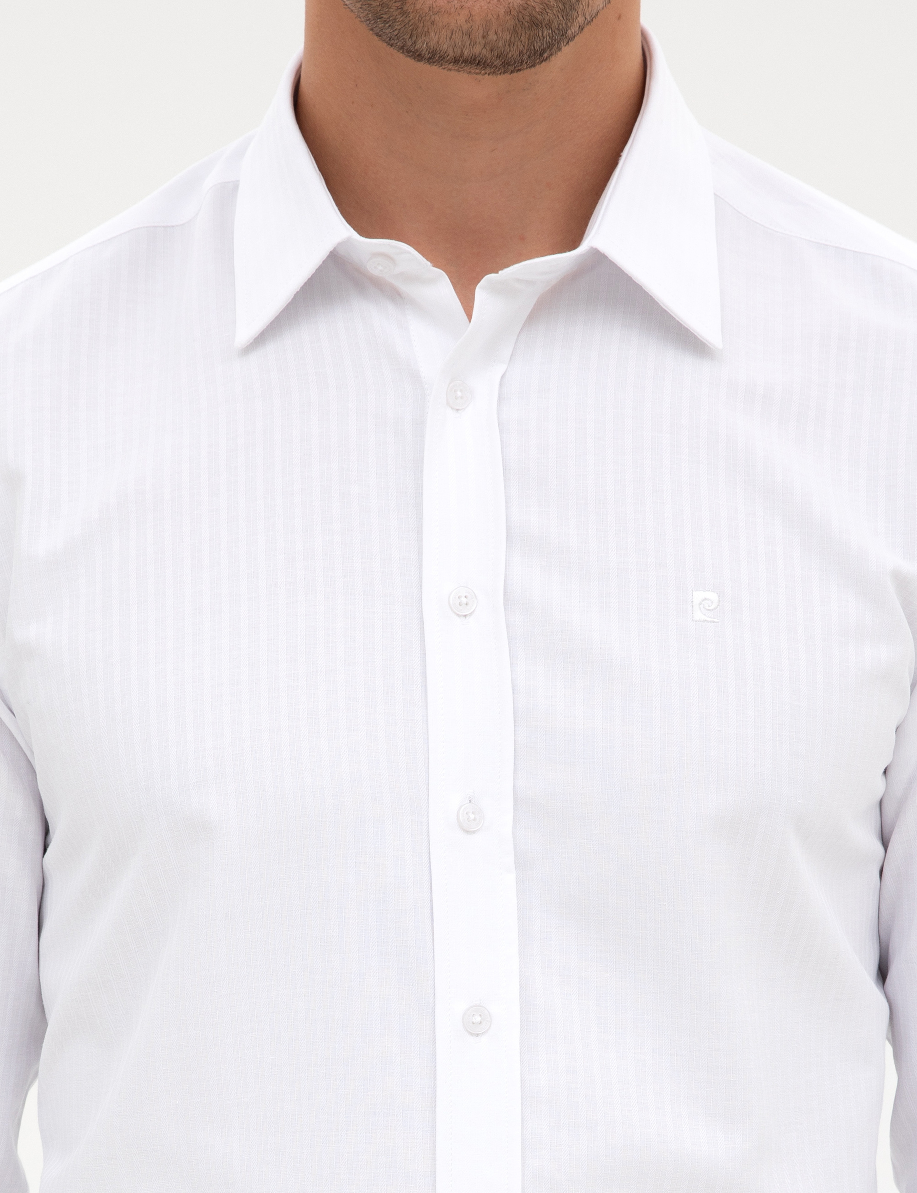 Beyaz Slim Fit Çizgi Dokulu Uzun Kollu Gömlek - Image 6