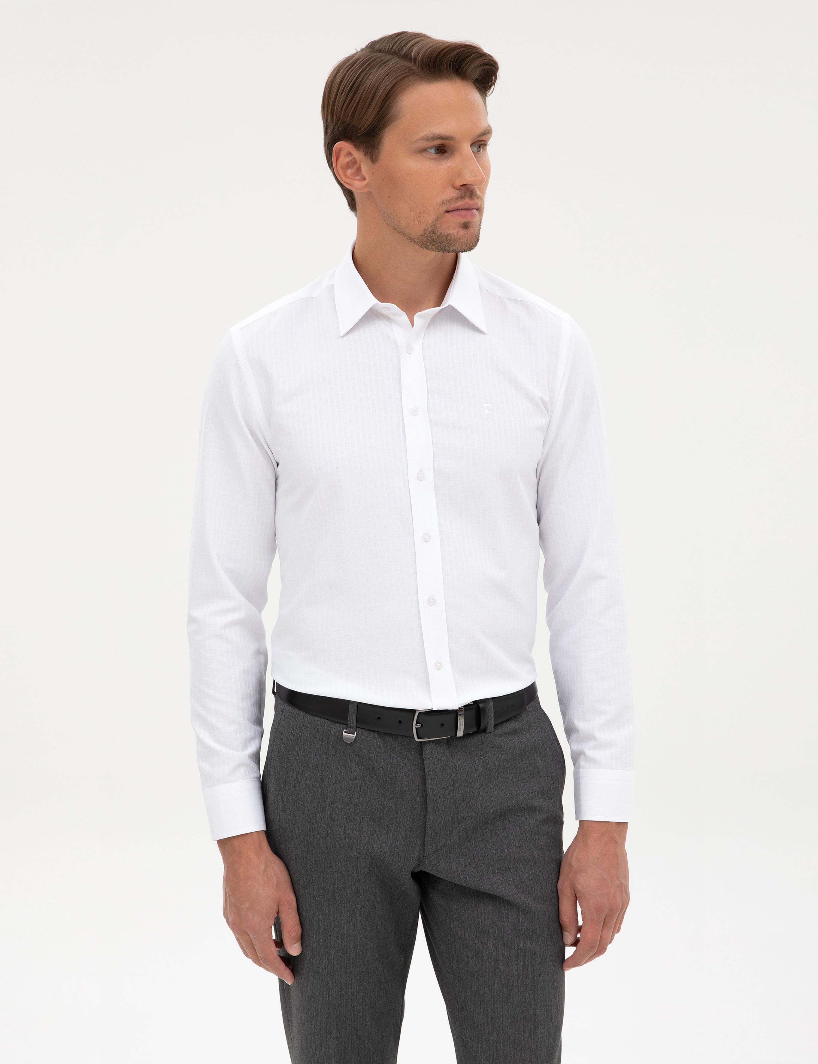 Beyaz Slim Fit Çizgi Dokulu Uzun Kollu Gömlek