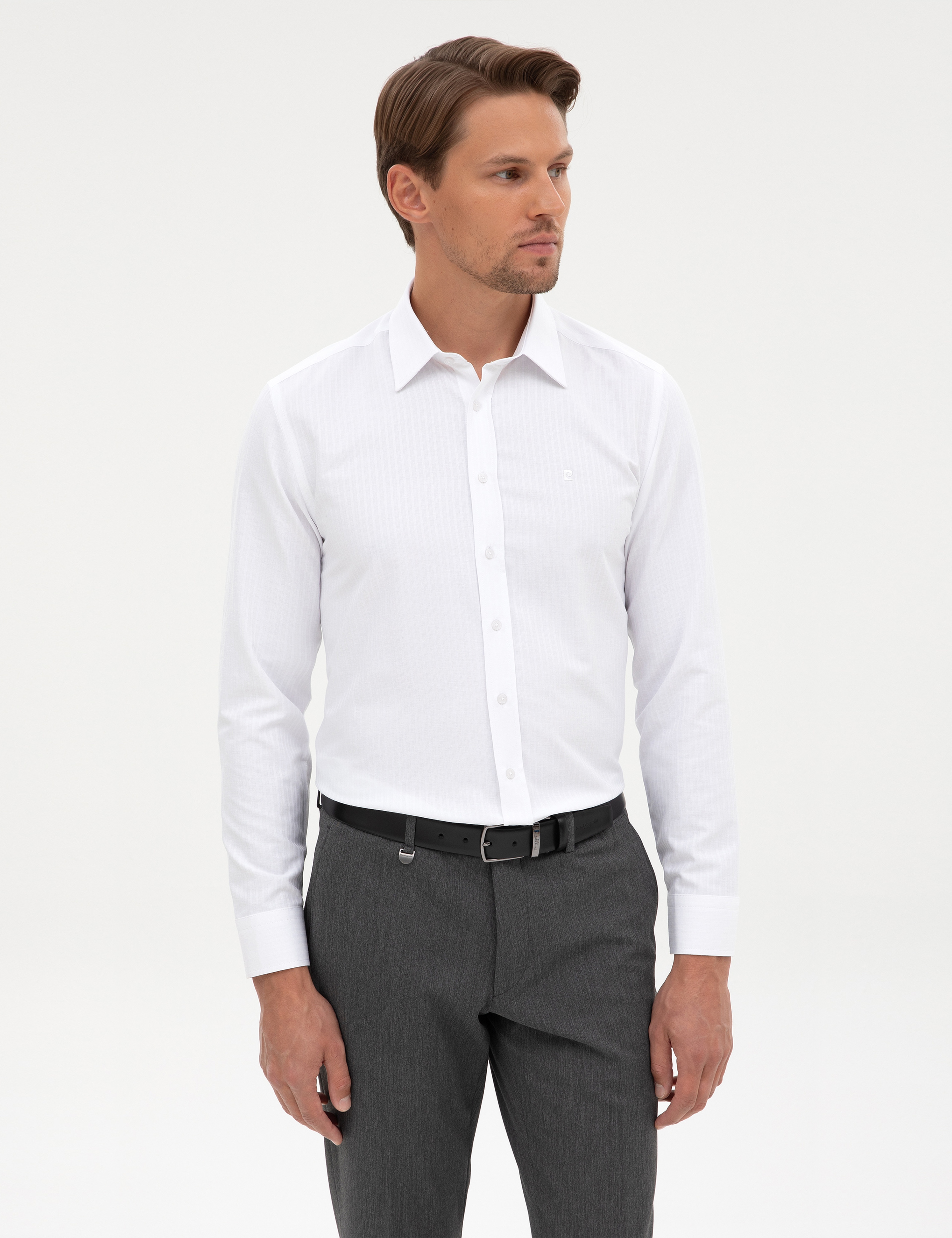 Beyaz Slim Fit Çizgi Dokulu Uzun Kollu Gömlek - Image 3