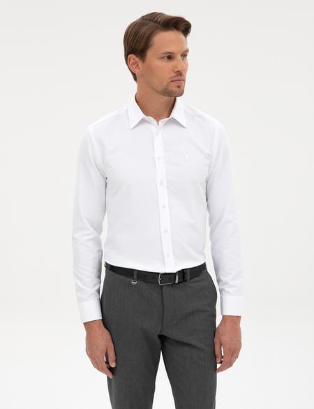 Beyaz Slim Fit Çizgi Dokulu Uzun Kollu Gömlek - 50312340007