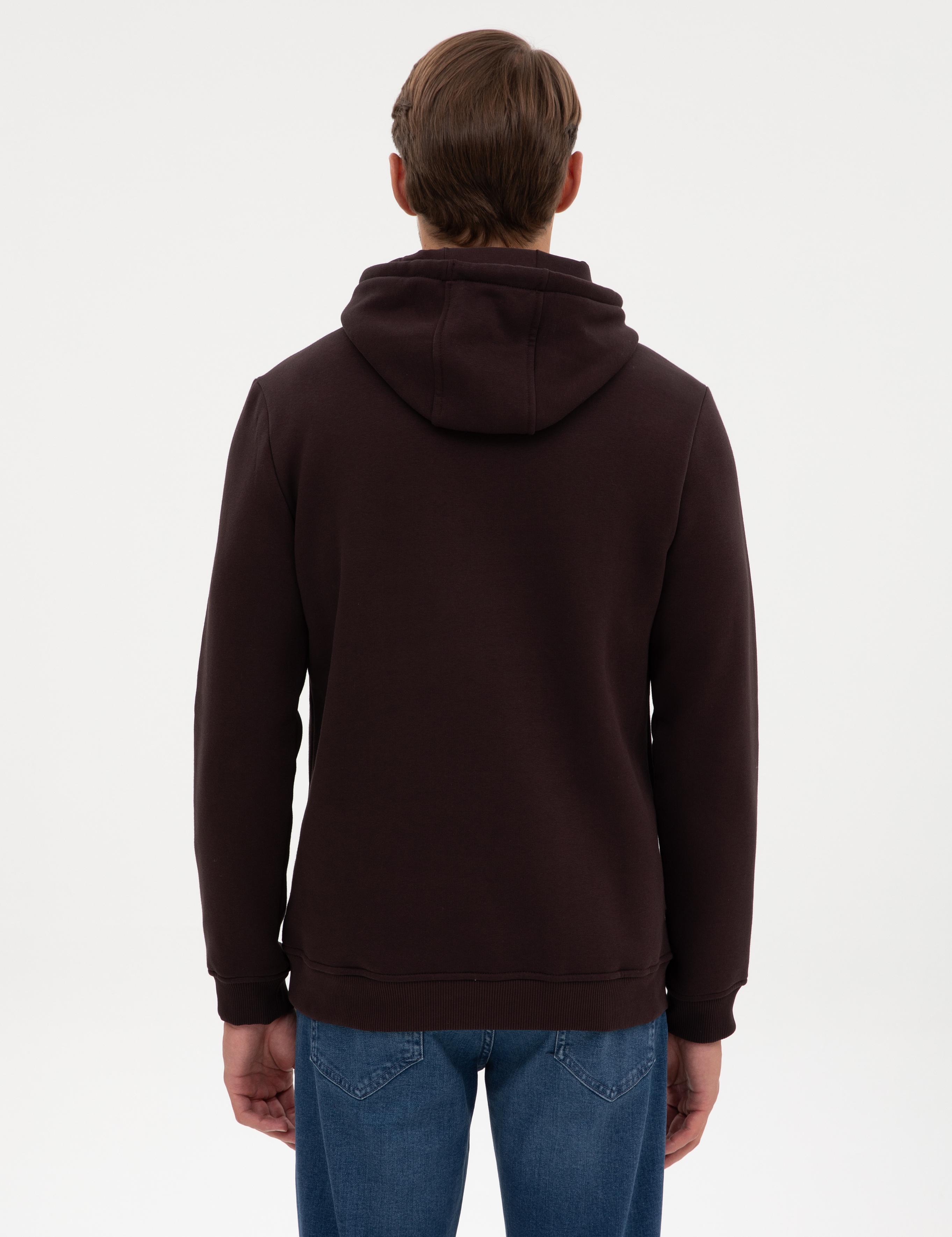 Koyu Kahverengi 2 İplik Regular Fit İçi Polarlı Kapüşonlu Basic Sweatshirt