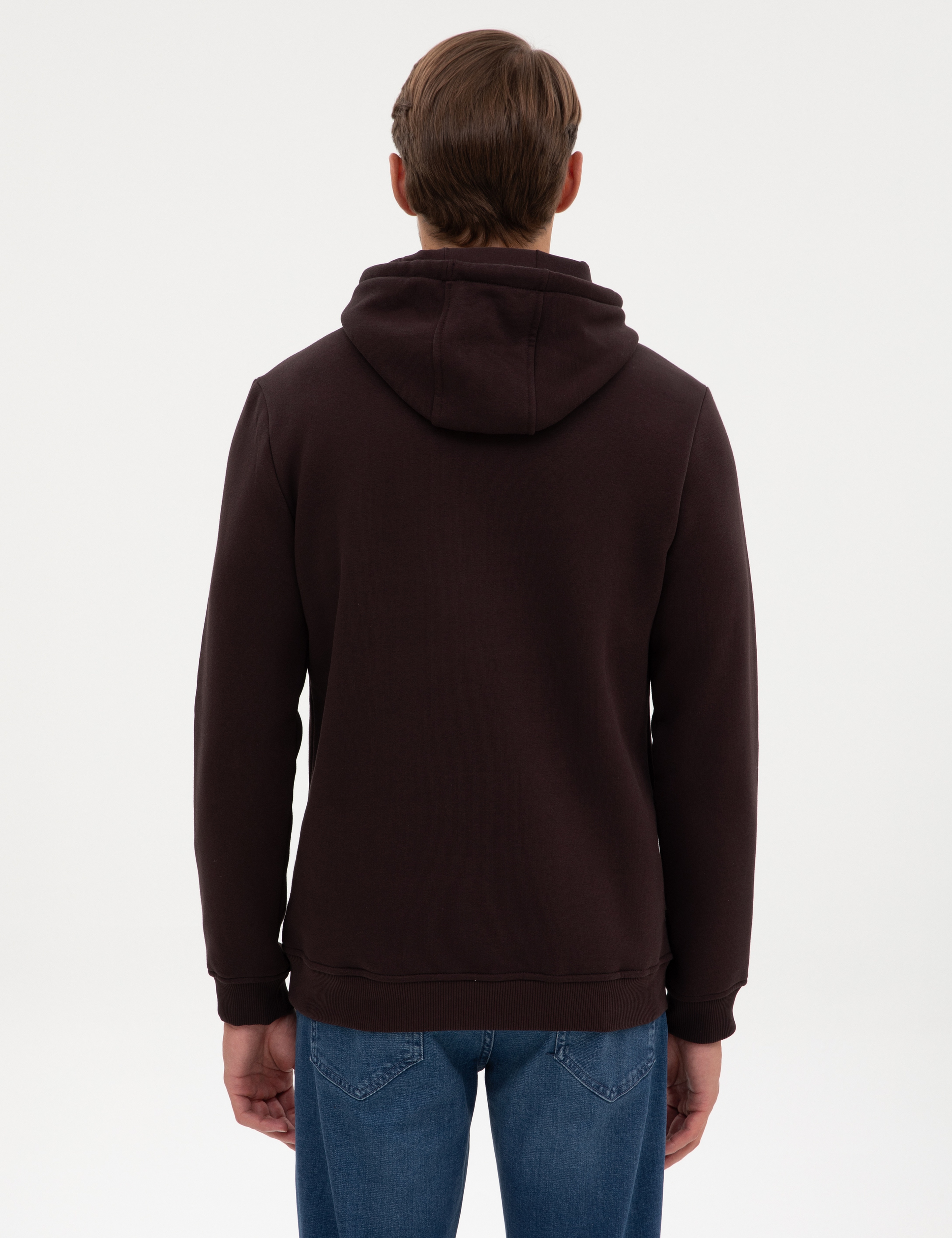 Koyu Kahverengi 2 İplik Regular Fit Kapüşonlu Basic Sweatshirt - Image 5