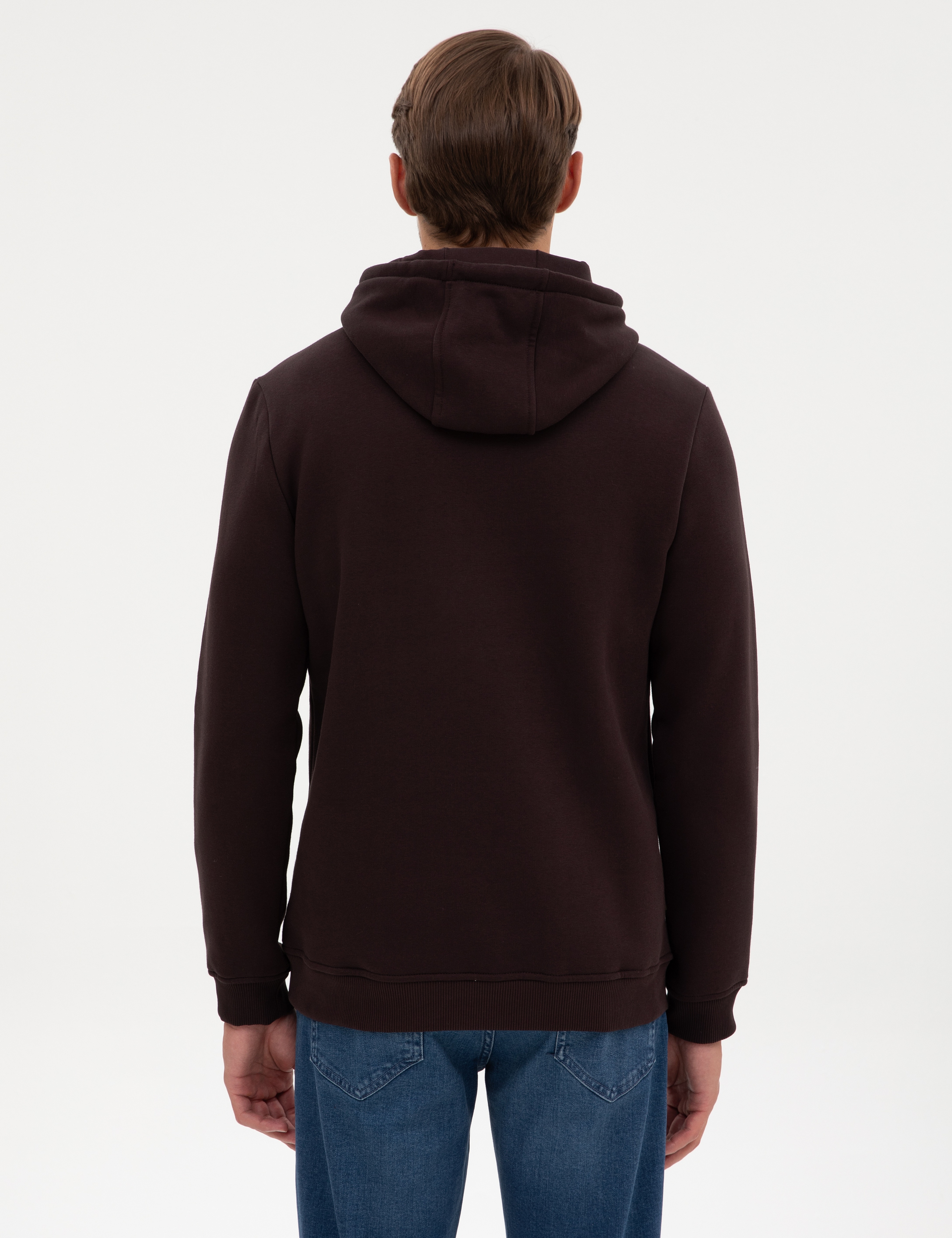 Koyu Kahverengi 2 İplik Regular Fit Kapüşonlu Basic Sweatshirt