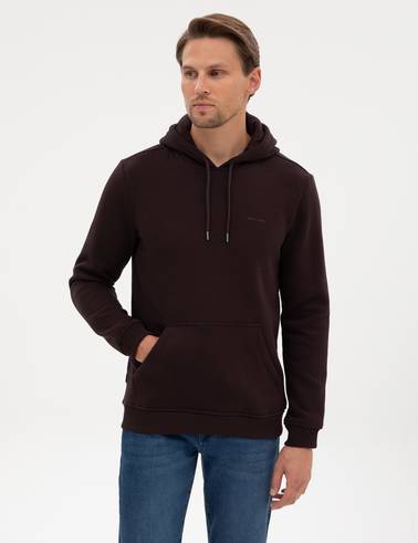 Koyu Kahverengi 2 İplik Regular Fit Kapüşonlu Basic Sweatshirt