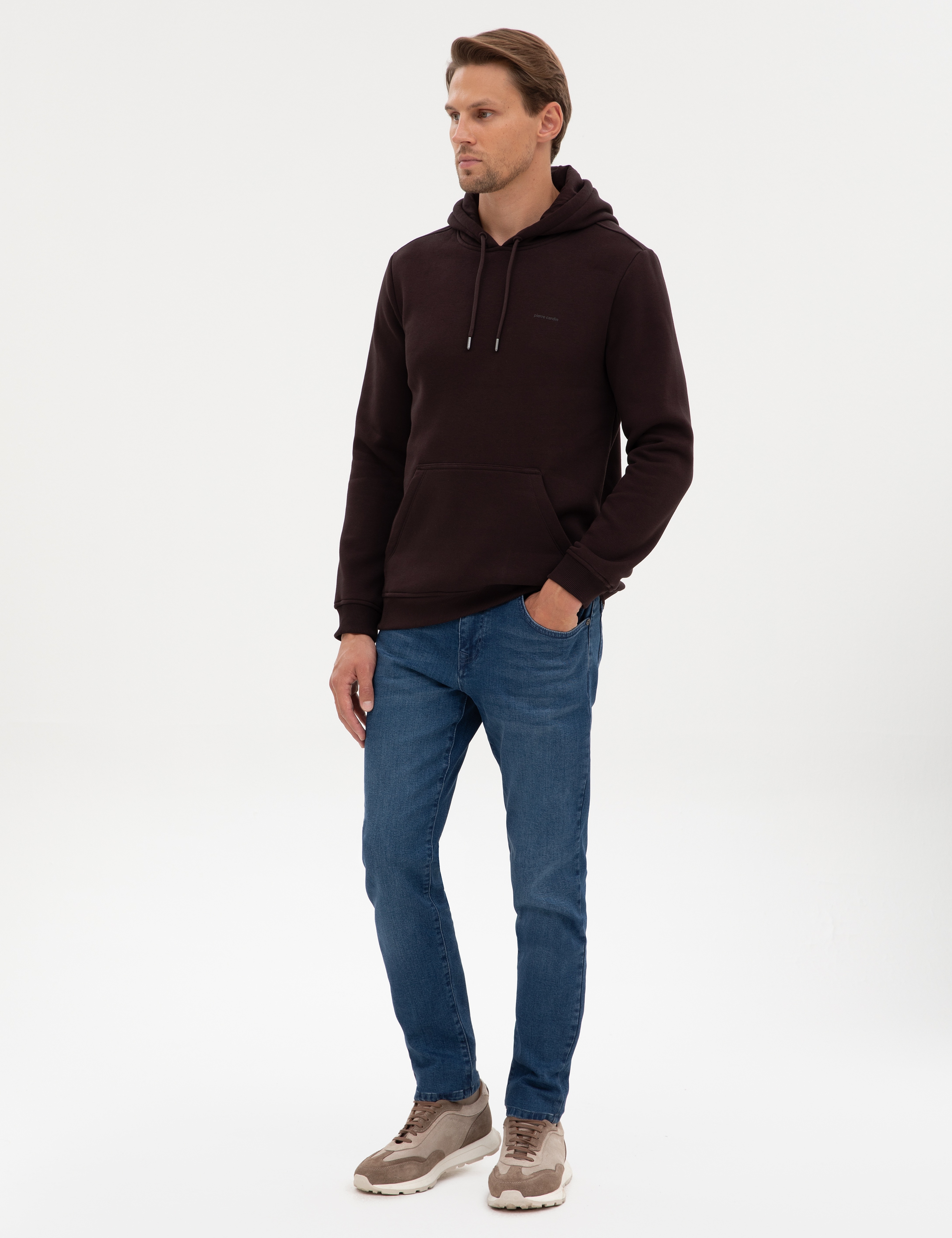 Koyu Kahverengi 2 İplik Regular Fit Kapüşonlu Basic Sweatshirt
