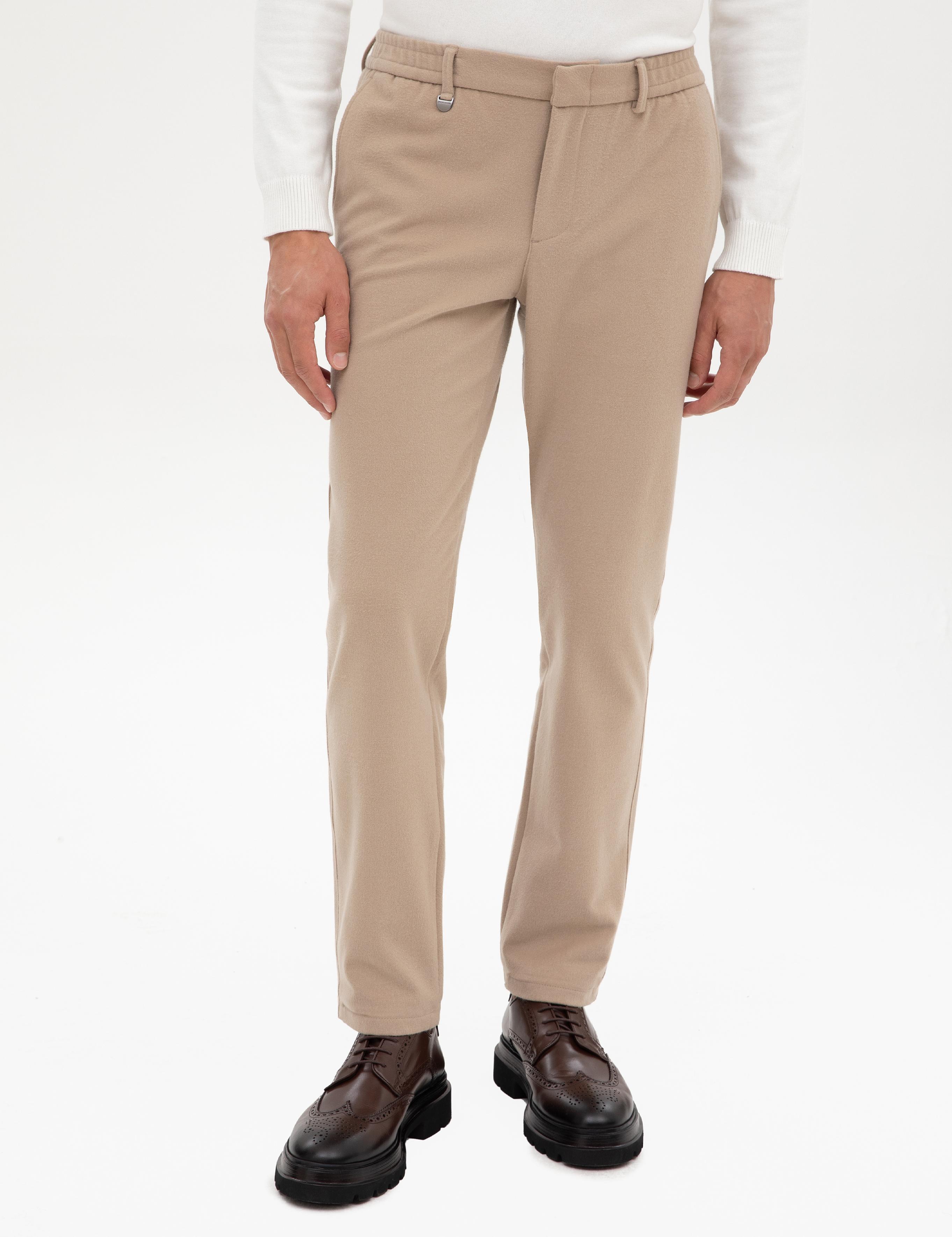 Bej Slim Fit Flanel Dokulu Kumaş Pantolon