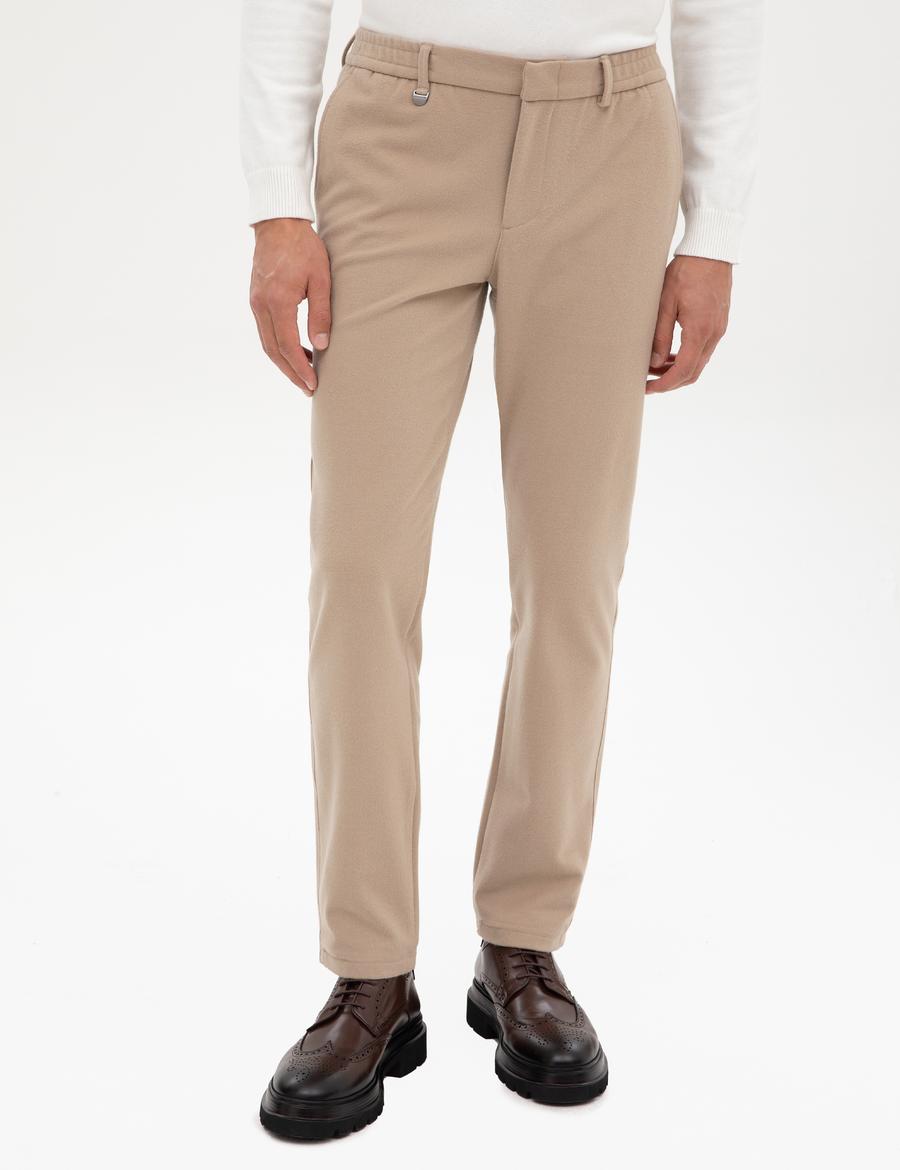 Bej Slim Fit Flanel Dokulu Kumaş Pantolon