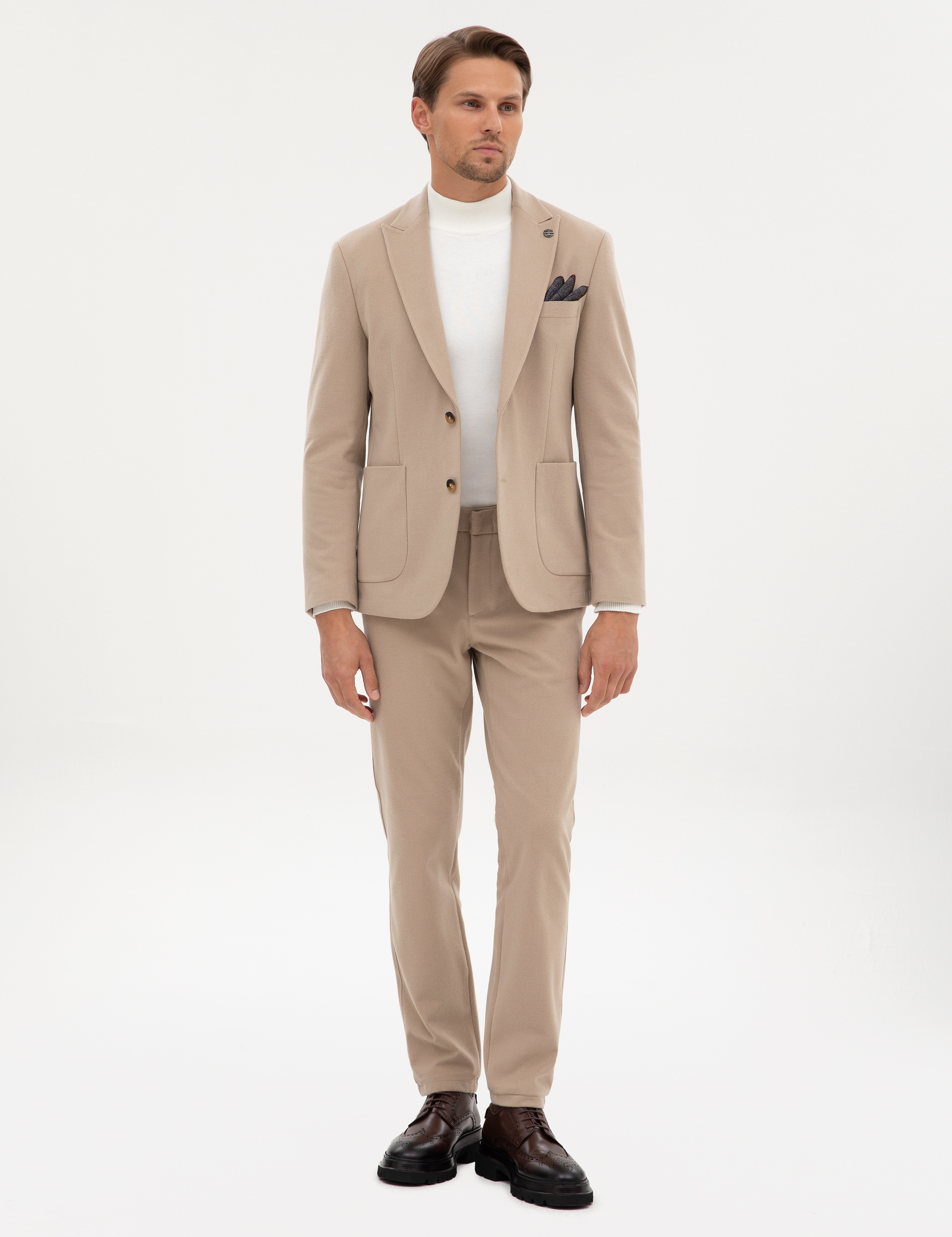 Bej Slim Fit Flanel Dokulu Kumaş Pantolon - Image 3