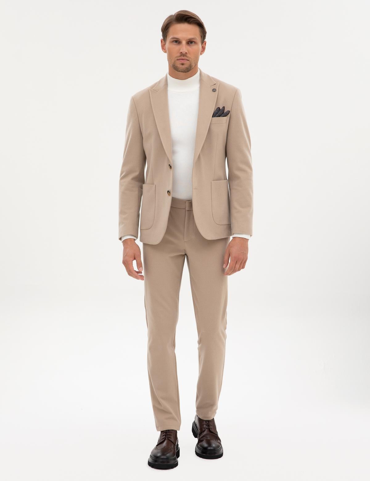 Bej Slim Fit Flanel Dokulu Kumaş Pantolon