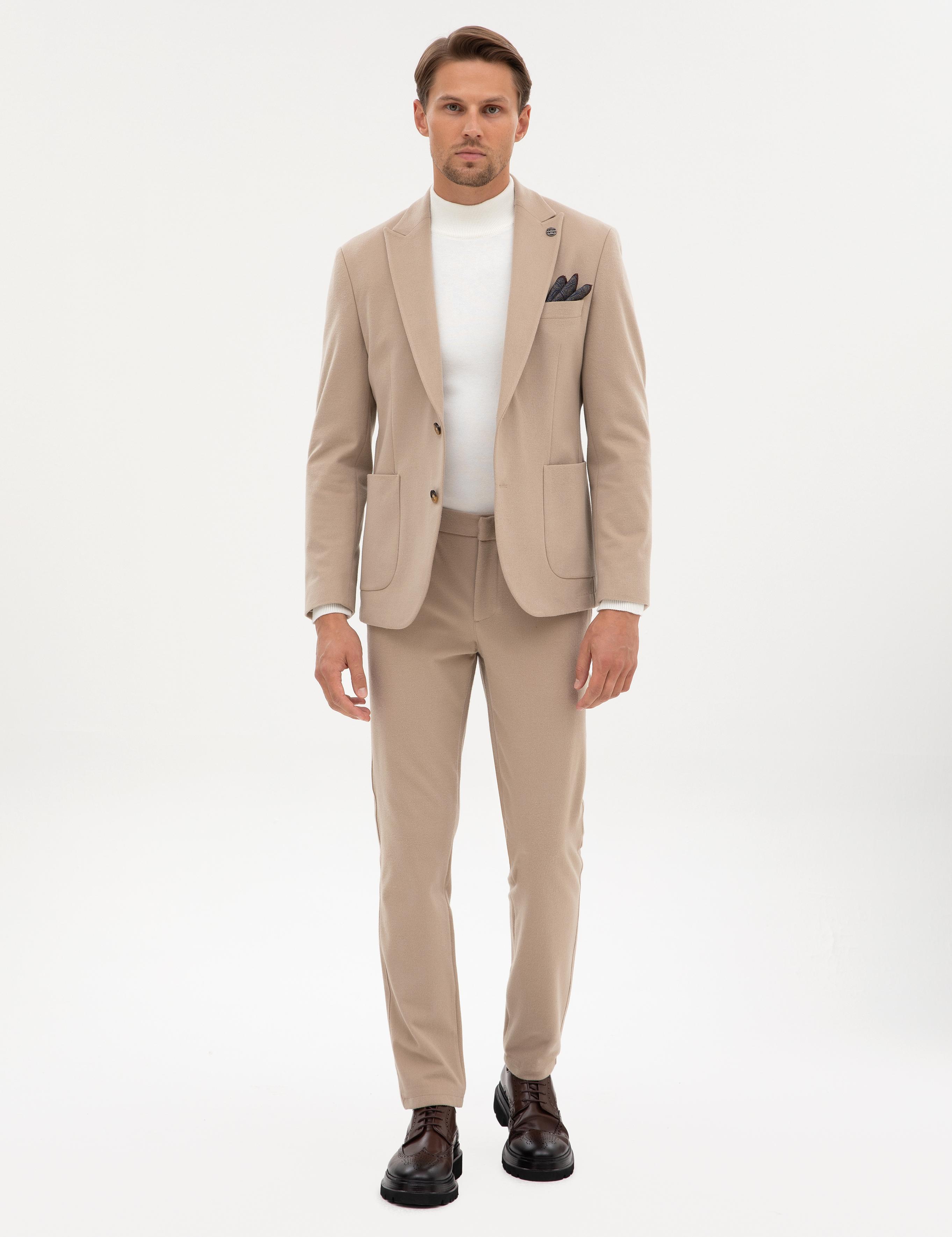 Bej Slim Fit Flanel Dokulu Kumaş Pantolon