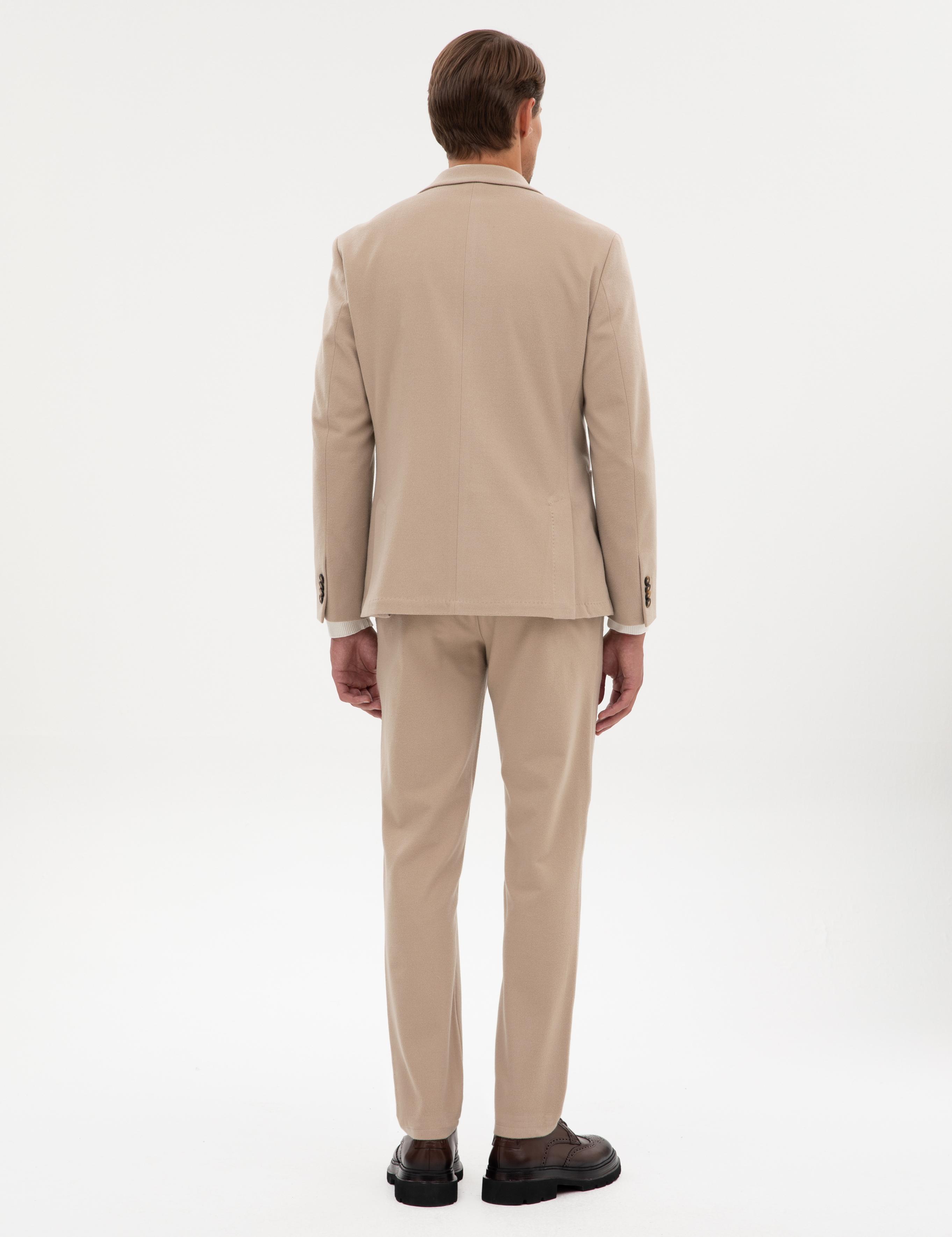 Bej Slim Fit Flanel Dokulu Kumaş Pantolon