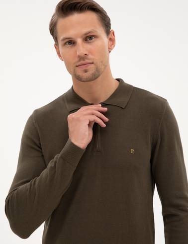 Haki Slim Fit Polo Yaka Fermuarlı Basic Triko Kazak