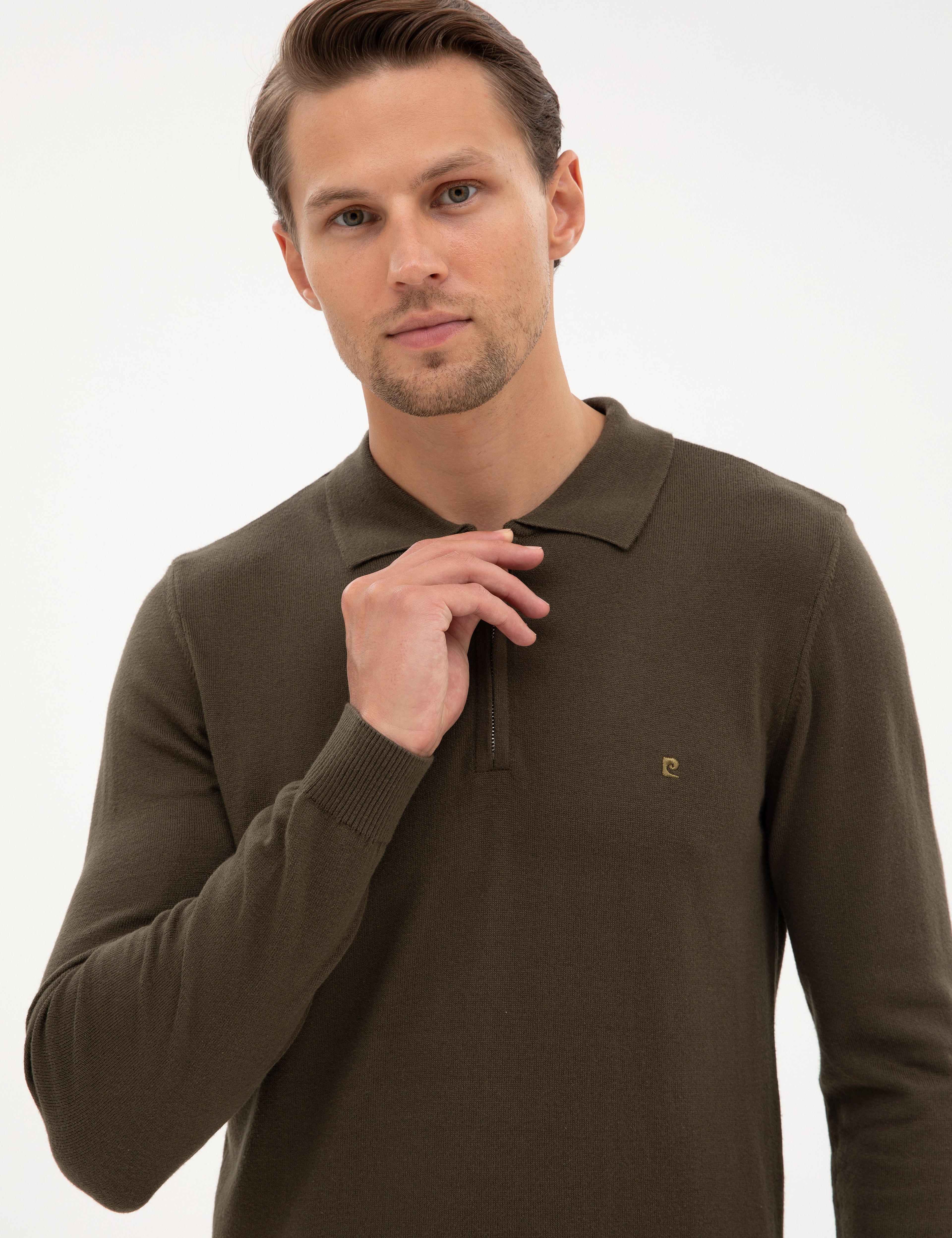 Haki Slim Fit Polo Yaka Fermuarlı Basic Triko Kazak - Image 2