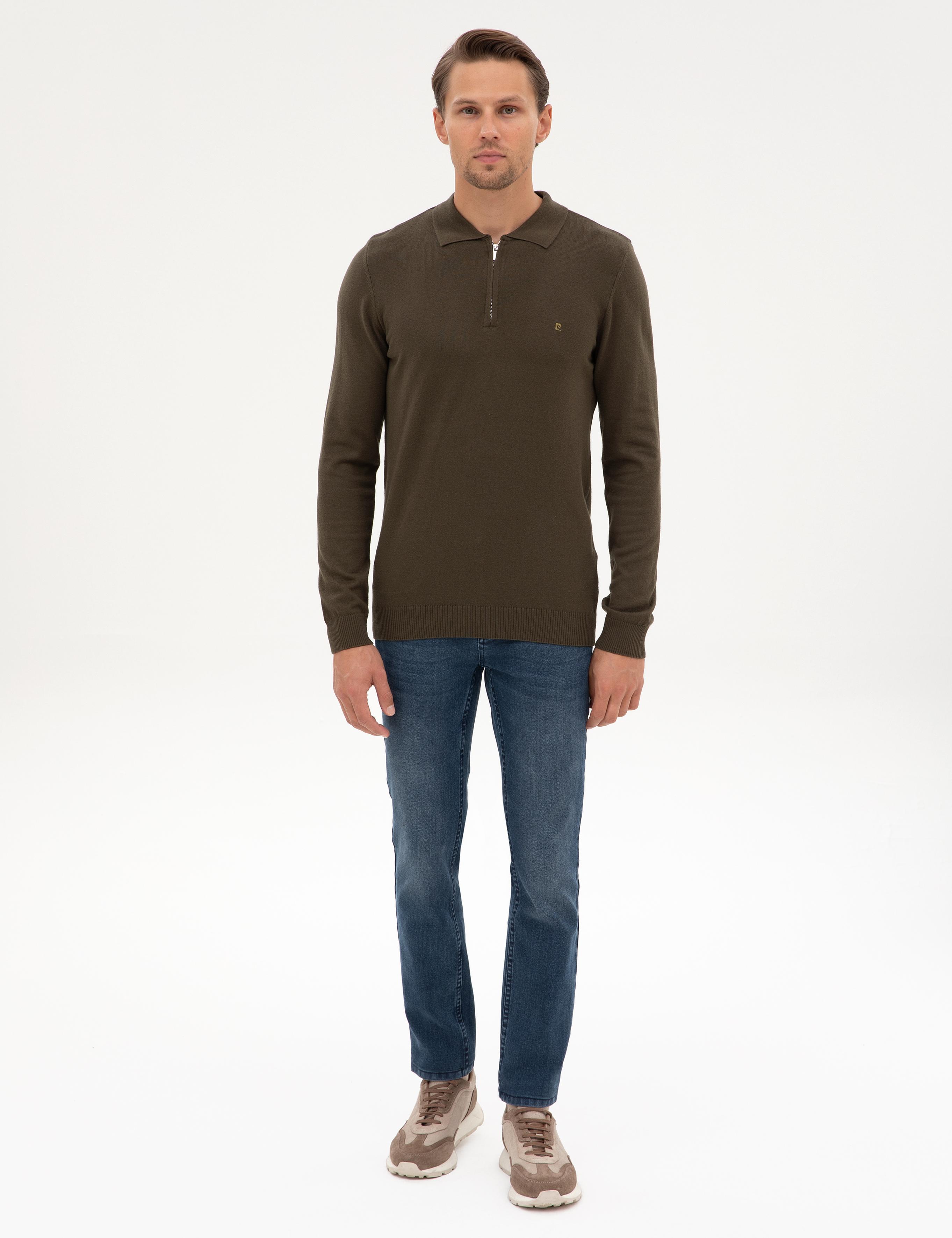 Haki Slim Fit Polo Yaka Fermuarlı Basic Triko Kazak