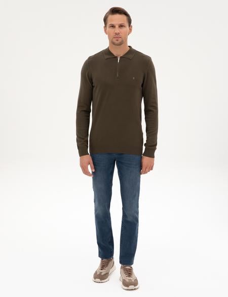 Haki Slim Fit Polo Yaka Fermuarlı Basic Triko Kazak - 50314191063