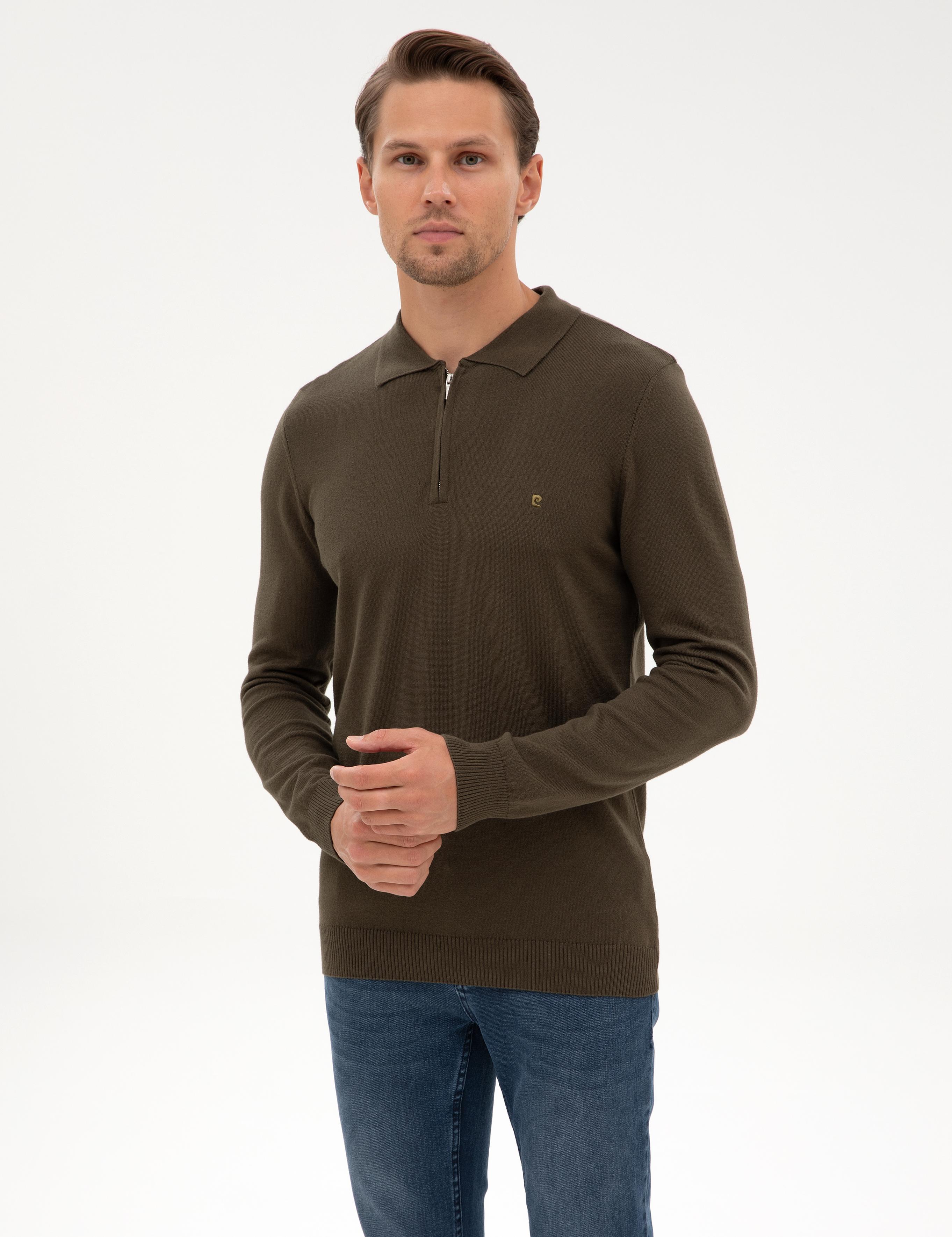 Haki Slim Fit Polo Yaka Fermuarlı Basic Triko Kazak